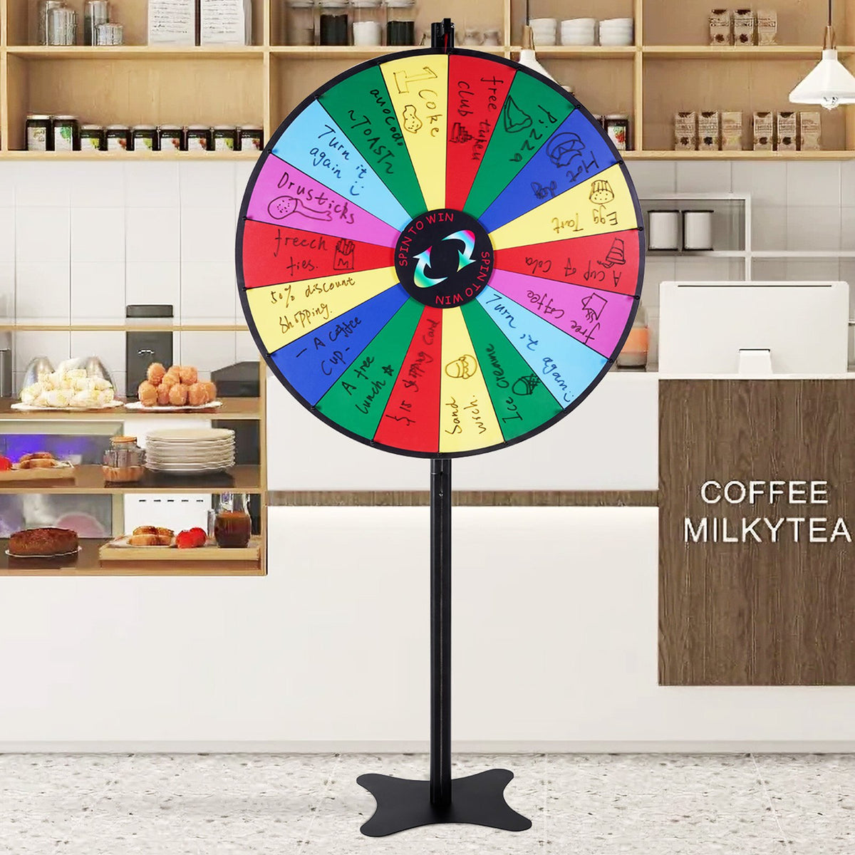VEVOR 36 inch Spinning Prize Wheel, 18 Slots Spinning Wheel, Roulette Wheel with a Dry Erase and 2 Markers, Tabletop or Floor Standing Win Fortune Spin Games in Party Pub Trade Show Carnival