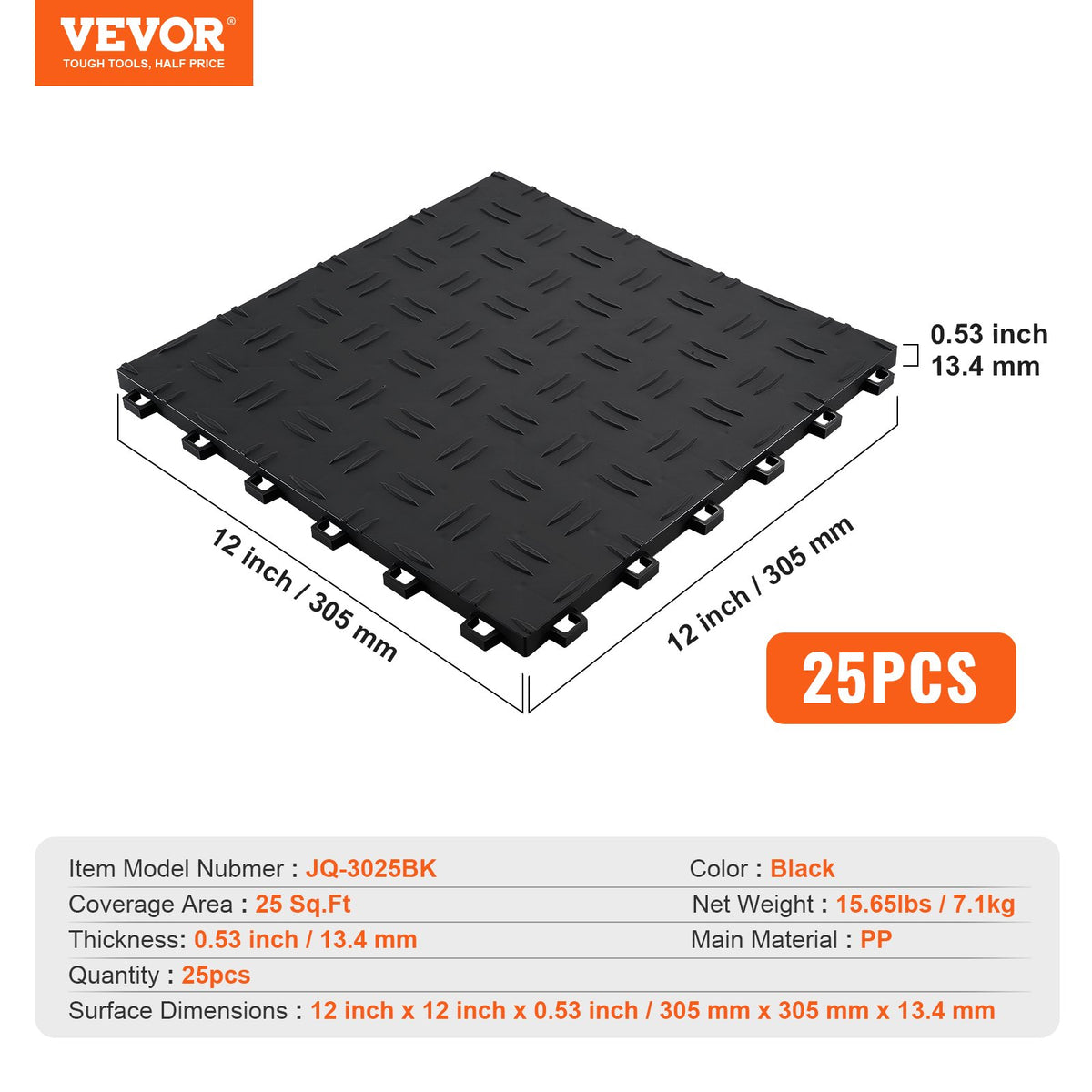 VEVOR Garage Tiles Interlocking, 12 x 12 x 0.53 inch 25 Pack Garage Floor Covering Tiles, Non-Slip Double-Sided Texture Garage Flooring Tiles, for Garages, Basements, Repair Shops, Black