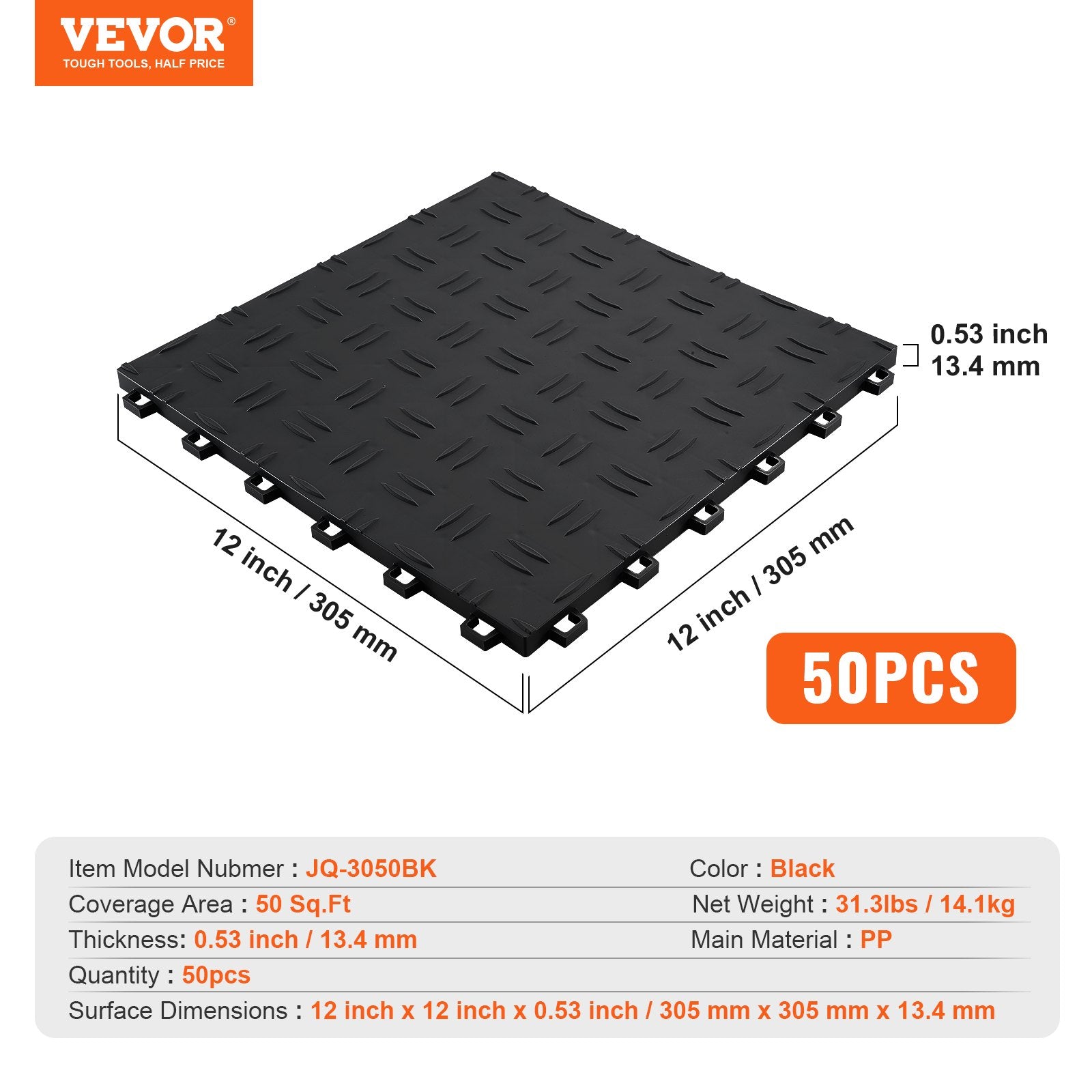 VEVOR Garage Tiles Interlocking, 12 x 12 x 0.53 inch 50 Pack Garage Floor Covering Tiles, Non-Slip Double-Sided Texture Garage Flooring Tiles, for Garages, Basements, Repair Shops, Black