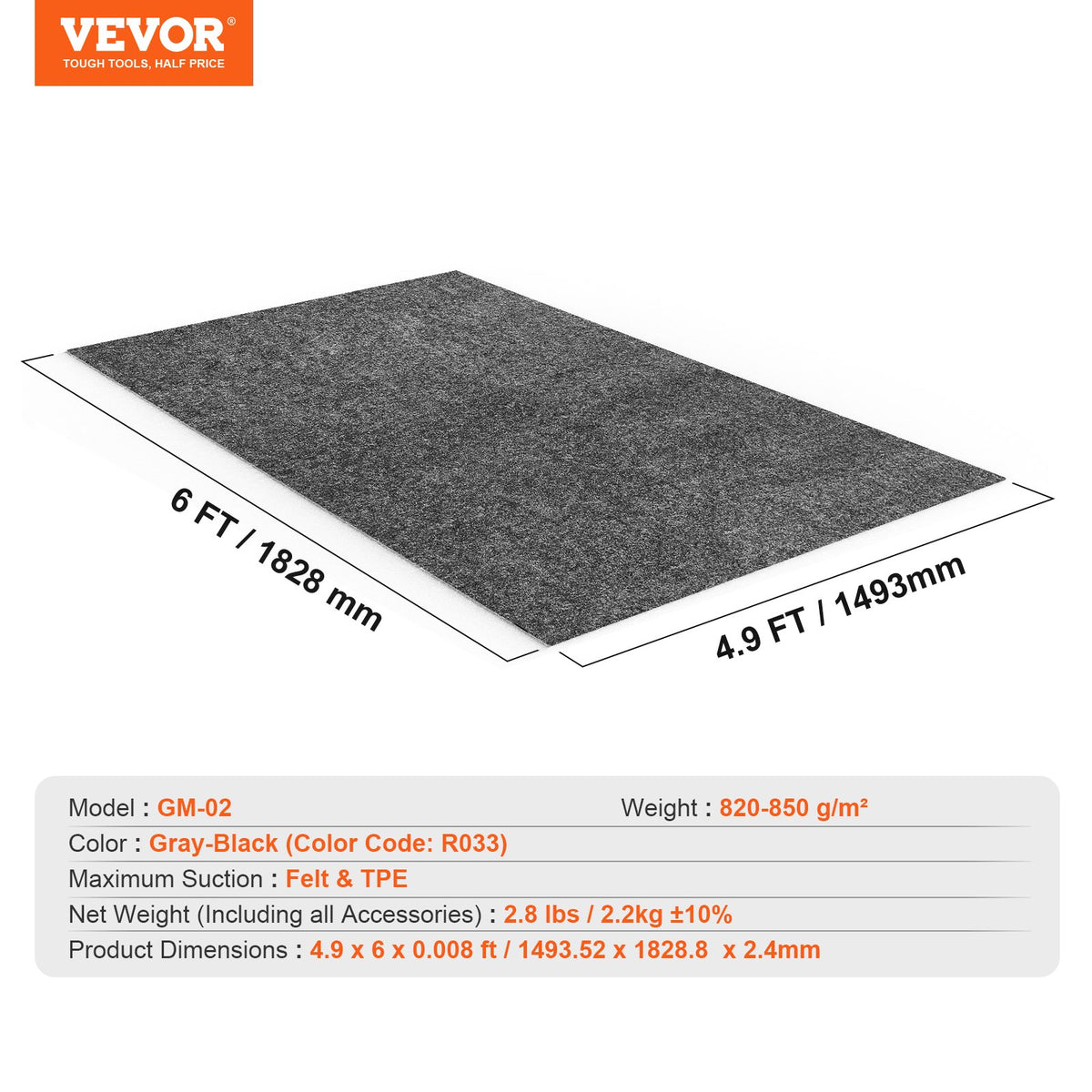 VEVOR Waterproof Garage Floor Mat for Under Car, 1.49x1.8M Compact Size Heavy Duty Containment Mat with Strong Grip, Protects Garage Floor from Water, Mud and Oil, For Garages,Greenhouses,Entrance