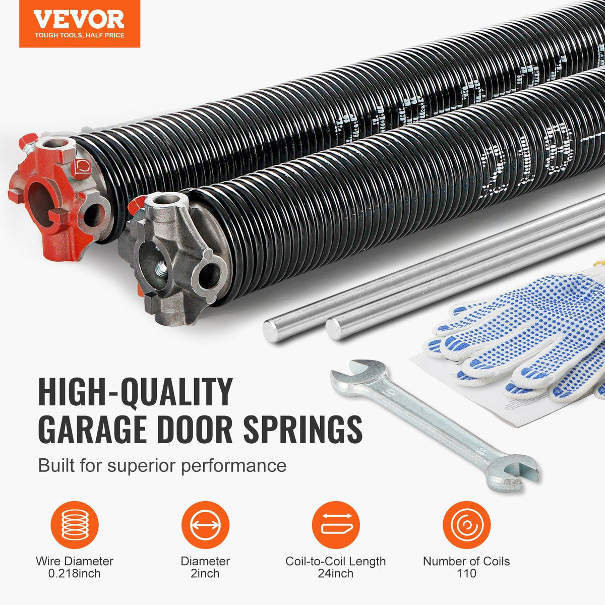 Garage Door Torsion Springs, Pair of 5.54 x 50.8 x 610 mm, 16000 Cycles, Garage Door Springs with Non-Slip Winding Bars, Gloves and Mounting Wrench, Electrophoresis Coated for Replacement