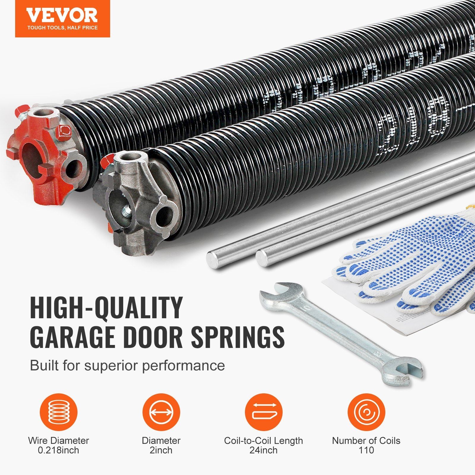 Garage Door Torsion Springs, Pair of 5.54 x 50.8 x 610 mm, 16000 Cycles, Garage Door Springs with Non-Slip Winding Bars, Gloves and Mounting Wrench, Electrophoresis Coated for Replacement