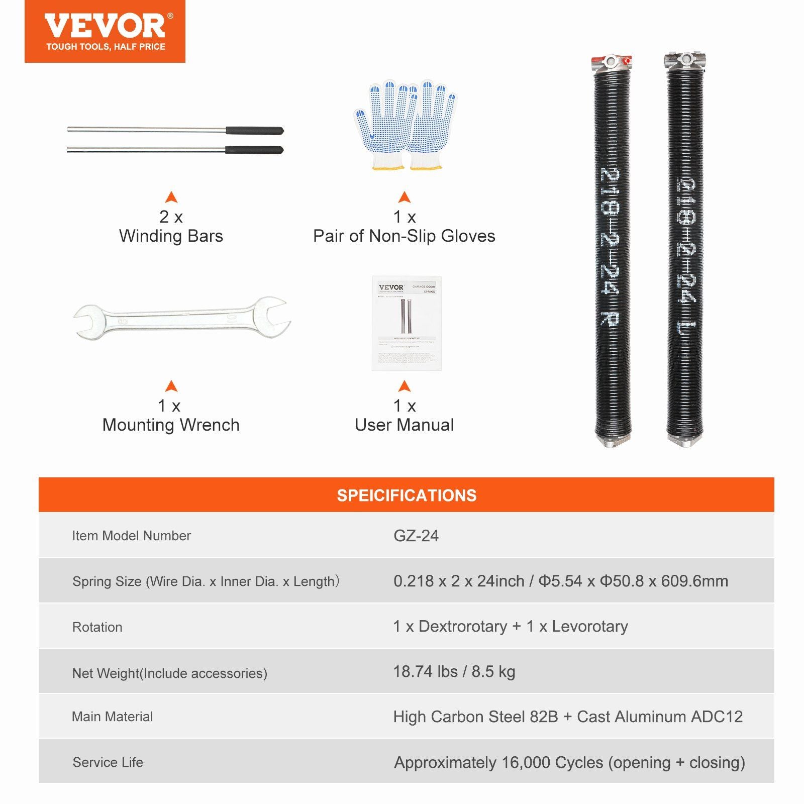Garage Door Torsion Springs, Pair of 5.54 x 50.8 x 610 mm, 16000 Cycles, Garage Door Springs with Non-Slip Winding Bars, Gloves and Mounting Wrench, Electrophoresis Coated for Replacement