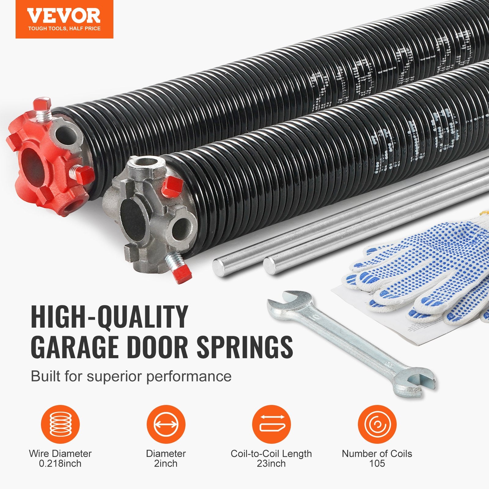 VEVOR Garage Door Torsion Springs Pair of 0.218 x 2 x 23inch with Winding Bars