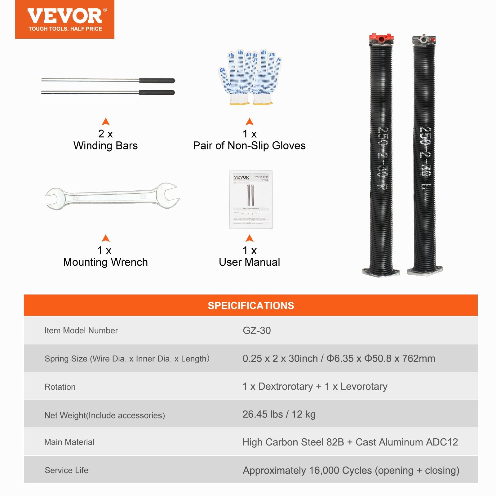 VEVOR Garage Door Torsion Springs, 16000 Cycles, Pair of 0.25 x 2 x 30inch, Garage Door Springs with Non-Slip Winding Bars, Mounting Tool and Gloves, Electrophoresis Coated, for Replacement