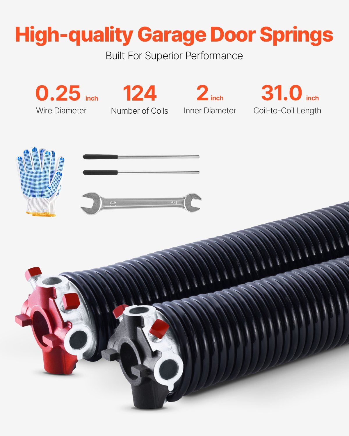 Garage Door Torsion Springs, Pair of 6.35 x 50.8 x 787 mmn, 16000 Cycles, Electrophoresis Black Coated for Replacement, Garage Door Springs with Non-Slip Winding Bars, Gloves and Mounting Wrench