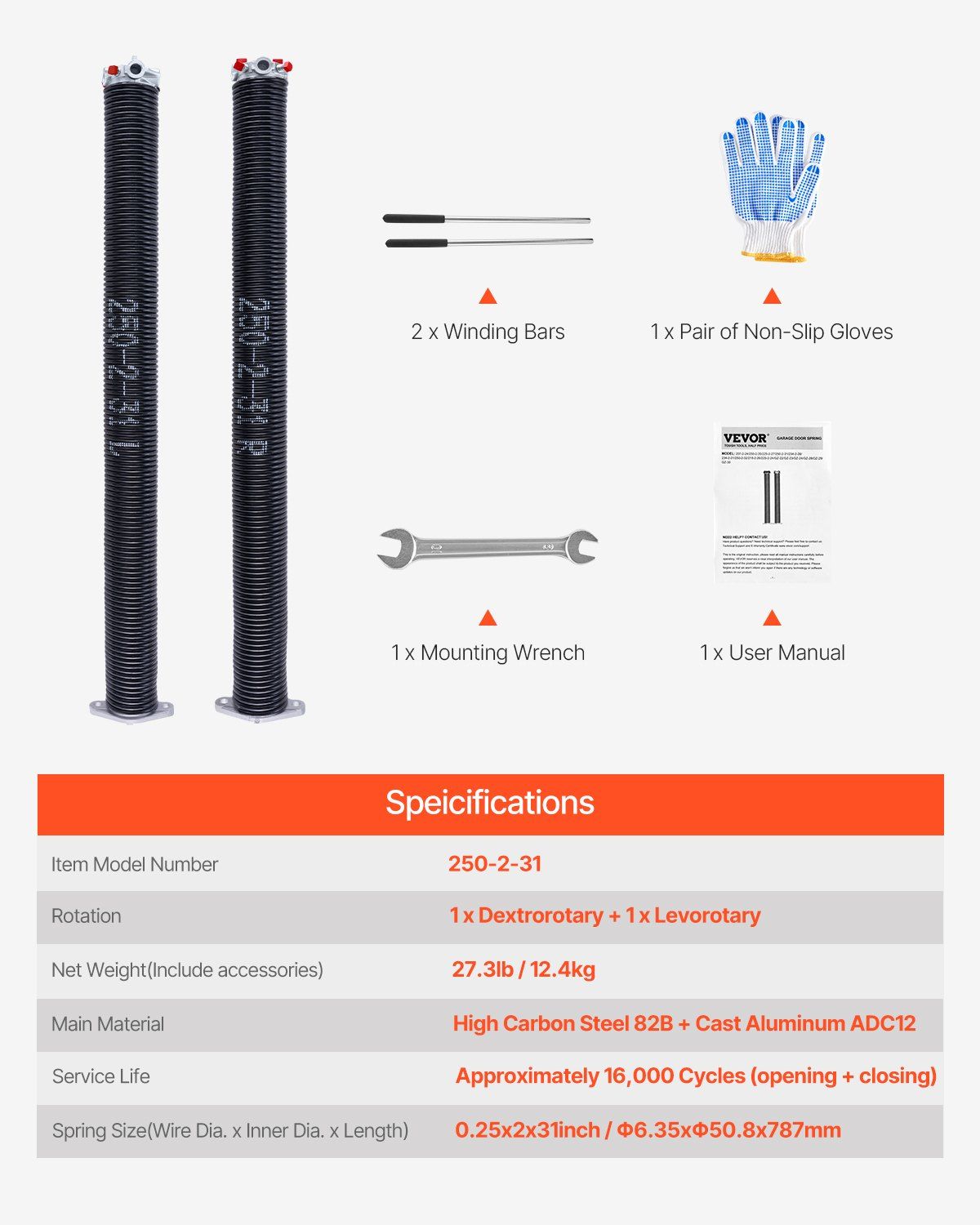 Garage Door Torsion Springs, Pair of 6.35 x 50.8 x 787 mmn, 16000 Cycles, Electrophoresis Black Coated for Replacement, Garage Door Springs with Non-Slip Winding Bars, Gloves and Mounting Wrench