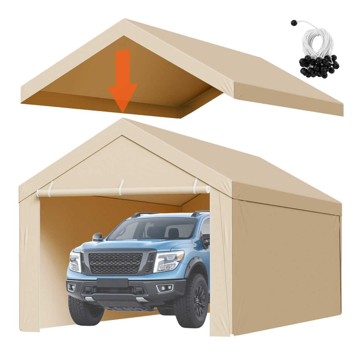 VEVOR Carport Replacement Canopy, 6 x 3 m Potable Garage Tent Top Tarp with Sidewalls, UV-Resistant &amp; Waterproof, Heavy Duty Car Shelter Tarp with Ball Buggees, Beige, Frame Not Included