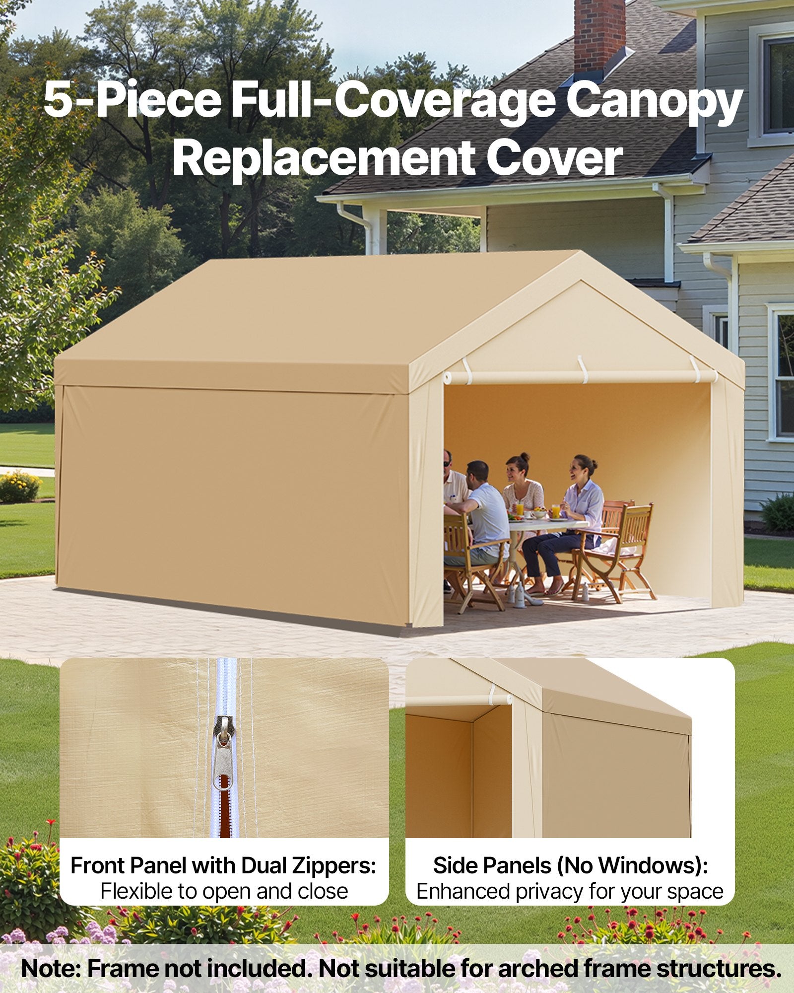 VEVOR Carport Replacement Canopy, 6 x 3 m Potable Garage Tent Top Tarp with Sidewalls, UV-Resistant & Waterproof, Heavy Duty Car Shelter Tarp with Ball Buggees, Beige, Frame Not Included