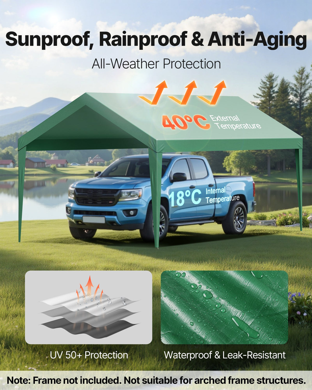 VEVOR Carport Replacement Canopy, 6 x 3 m Potable Garage Tent Top Tarp, UV-Resistant & Waterproof Car Shelter Tarp, Heavy Duty Car Port Cover with Ball Buggees, Dark Green, Frame Not Included