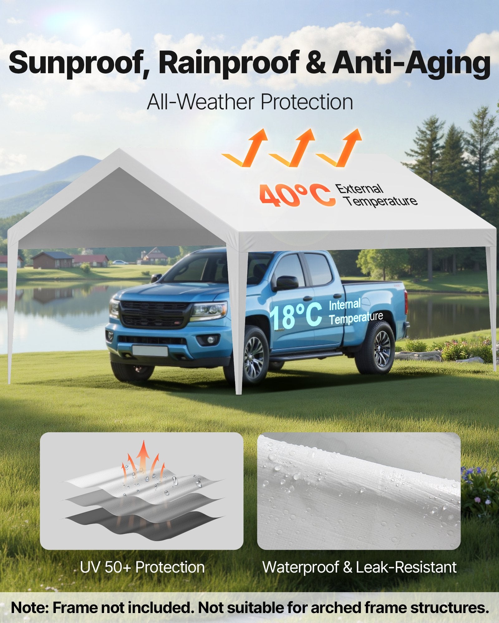 VEVOR Carport Replacement Canopy, 6 x 3.6 m Potable Garage Tent Top Tarp, UV-Resistant & Waterproof Car Shelter Tarp, Heavy Duty Car Port Cover with Ball Buggees, White, Frame Not Included