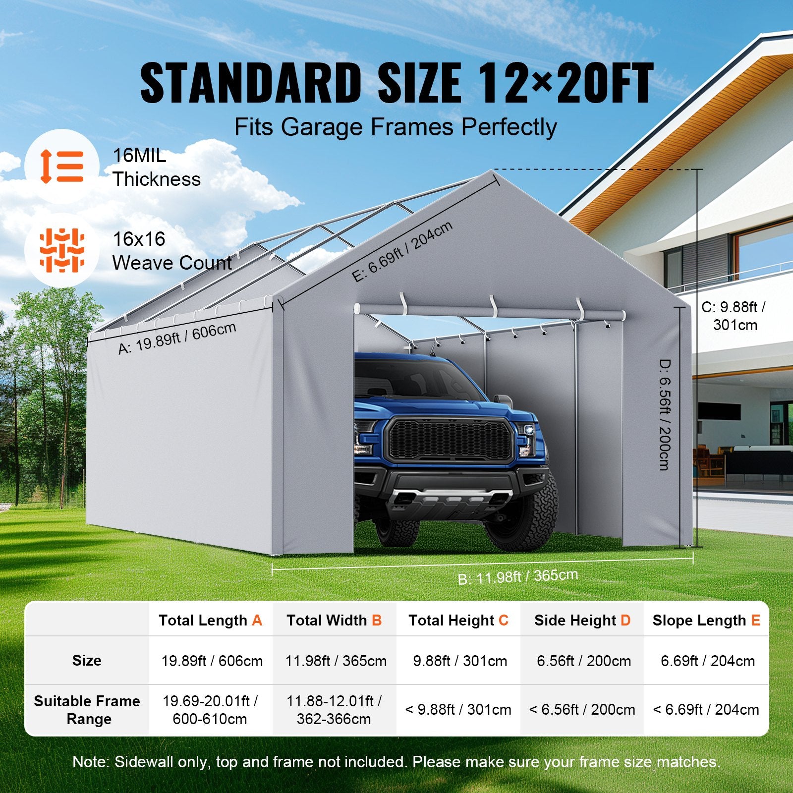 VEVOR Carport Replacement Canopy Cover Side Wall 6 x 3.6 m, Garage Tent Shelter Tarp Heavy-Duty Waterproof & UV Protected, Easy Installation with Ball Bungees,Grey (Top and Frame Not Included)