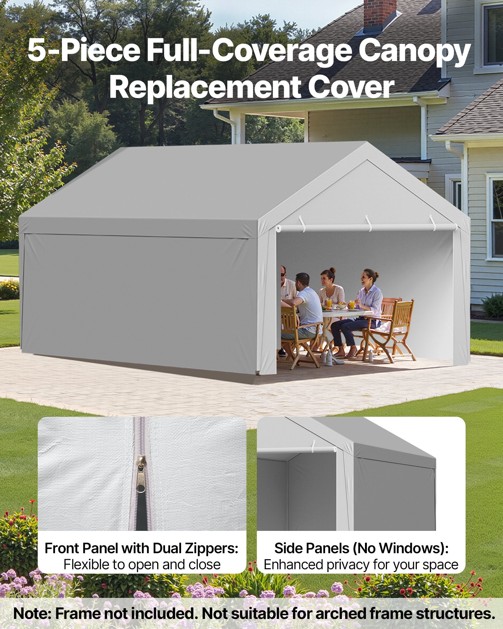 VEVOR Carport Replacement Canopy, 6x 3.6 m Potable Garage Tent Top Tarp with Sidewalls, UV-Resistant & Waterproof, Heavy Duty Car Shelter Tarp with Ball Buggees, Grey, Frame Not Included
