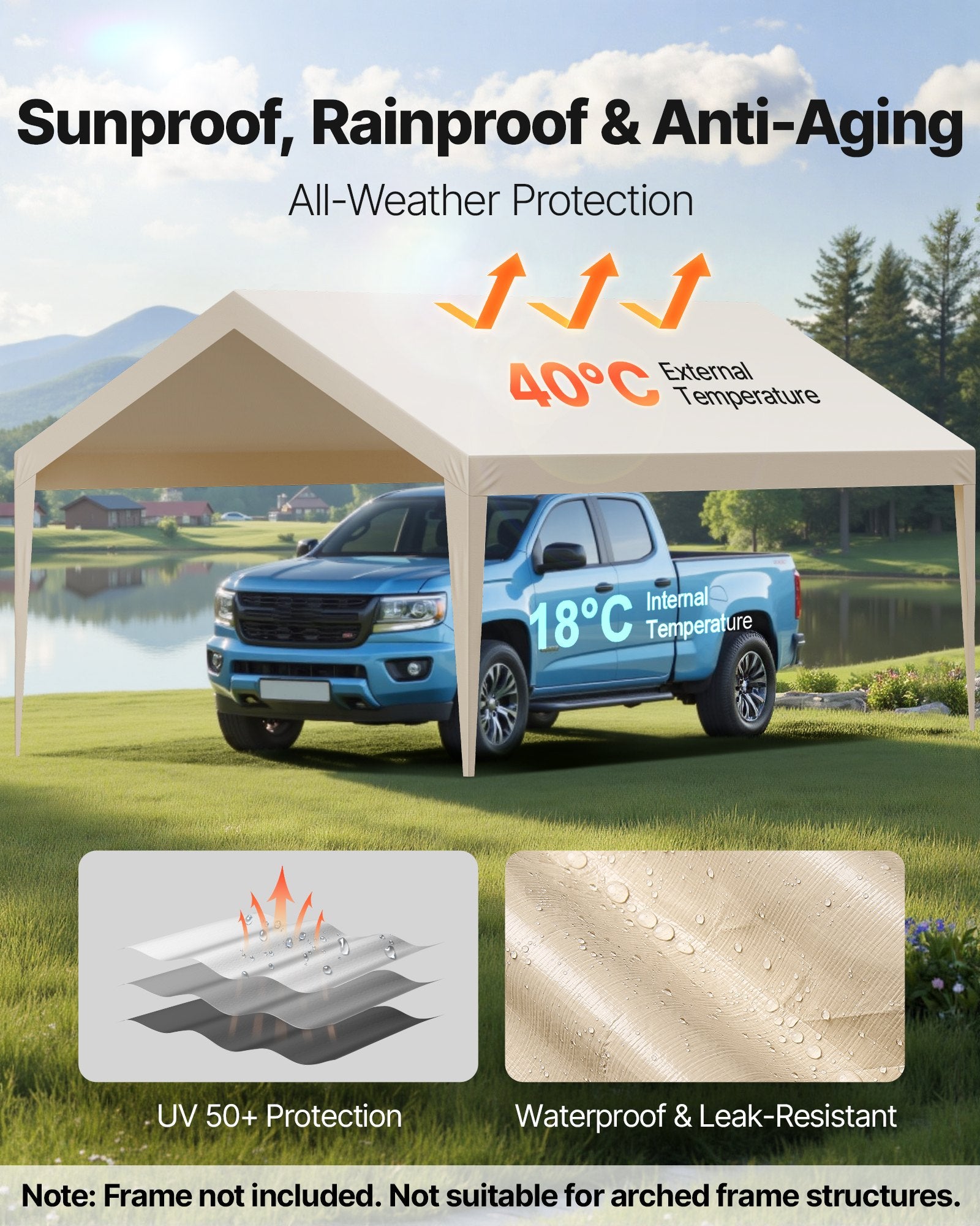 VEVOR Carport Replacement Canopy, 6 x 3.6 m Potable Garage Tent Top Tarp, UV-Resistant & Waterproof Car Shelter Tarp, Heavy Duty Car Port Cover with Ball Buggees, Beige, Frame Not Included