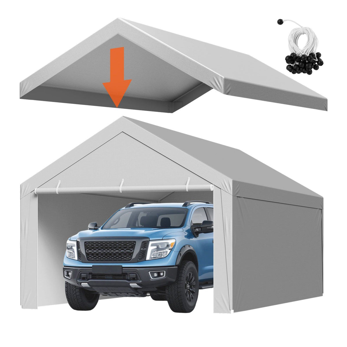 Carport Replacement Canopy, 6 x 4 m Potable Garage Tent Top Tarp with Sidewalls, UV-Resistant &amp; Waterproof, Heavy Duty Car Shelter Tarp with Ball Buggees, Grey, Frame Not Included