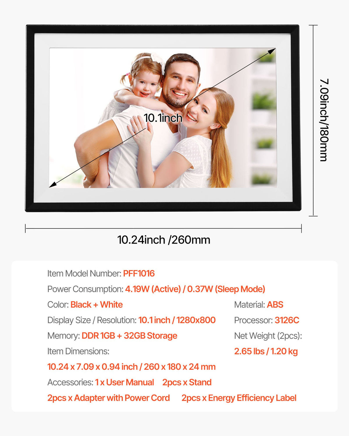 VEVOR 260 mm Digital Picture Frame 32GB Touchscreen 2-Pack Wi-Fi Photo Frames