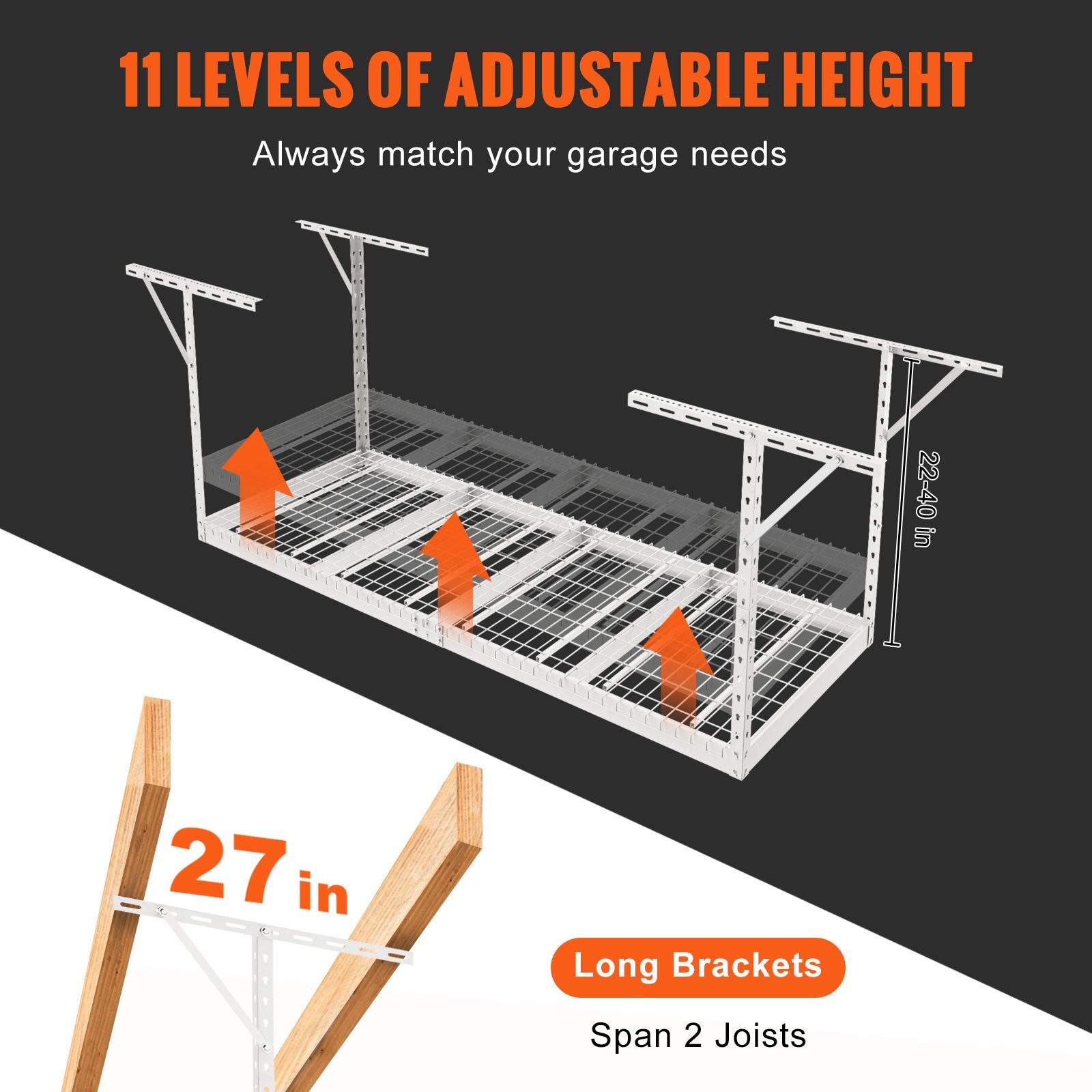VEVOR Overhead Garage Storage Rack, 91.44x243.84cm Garage Ceiling Storage Racks, Heavy Duty Adjustable Cold Rolled Steel Racks for Garage Storage, Organization, 272.16kg Load Capacity, 22''-40", White