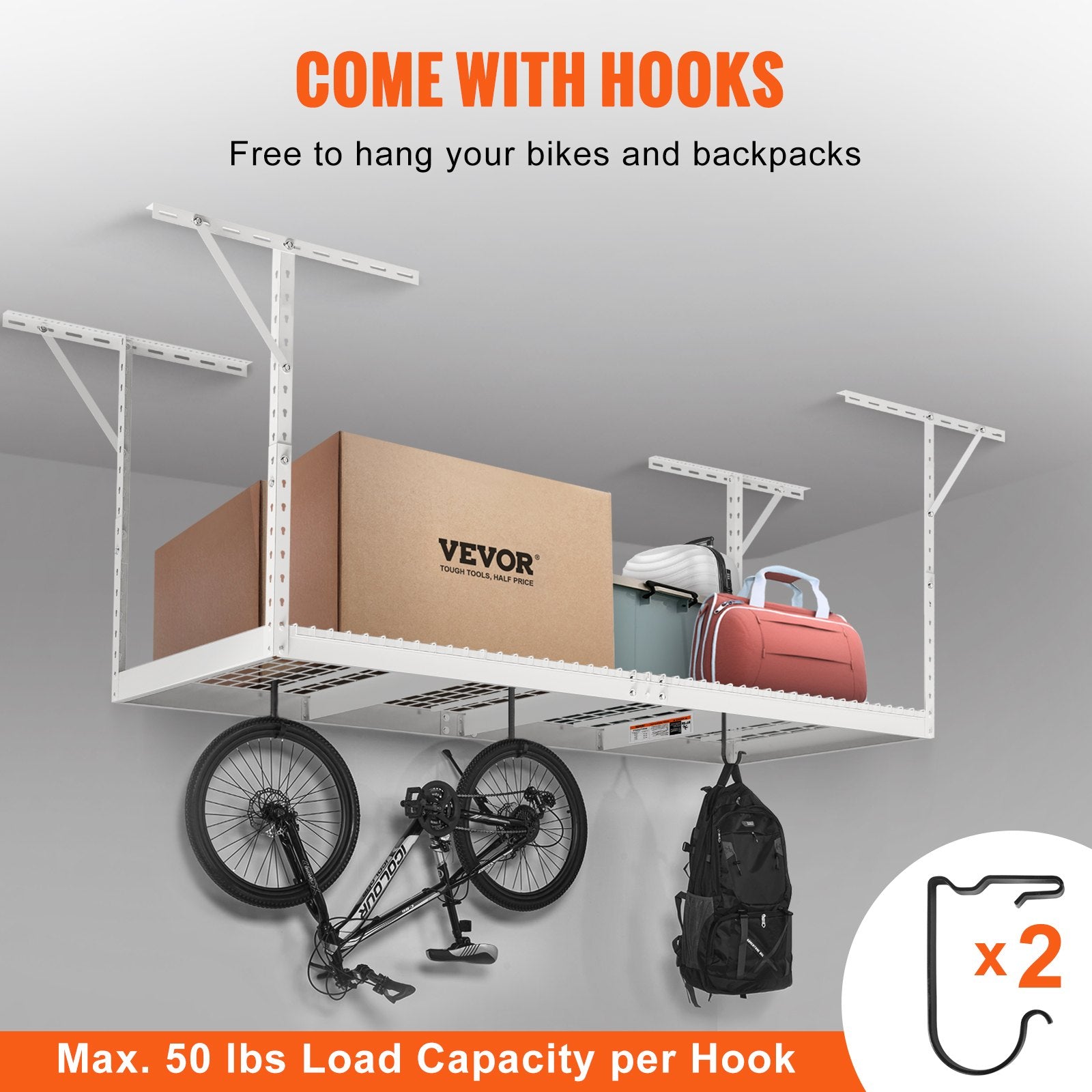 VEVOR Overhead Garage Storage Rack, 91.44x243.84cm Garage Ceiling Storage Racks, Heavy Duty Adjustable Cold Rolled Steel Racks for Garage Storage, Organization, 272.16kg Load Capacity, 22''-40", White