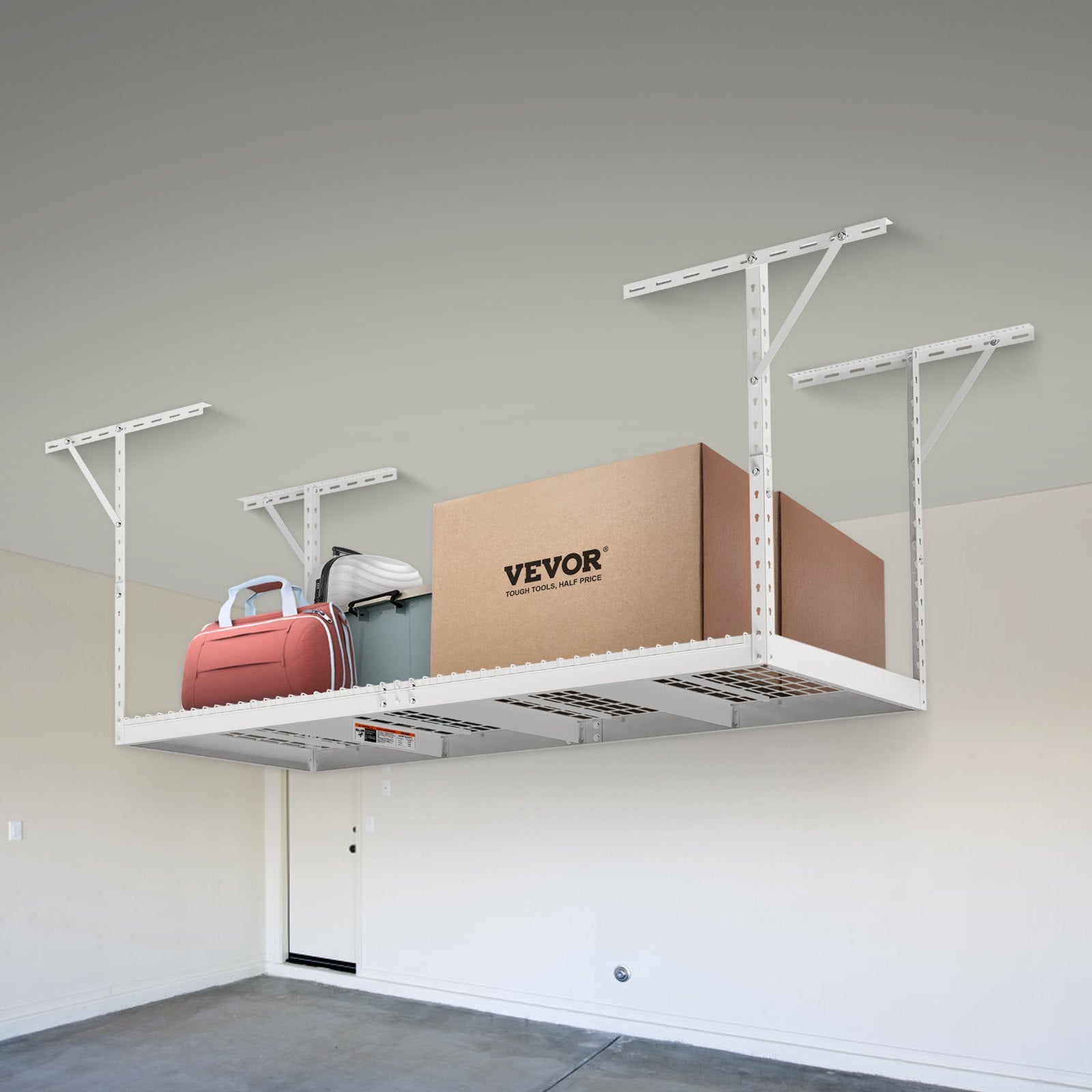 VEVOR Overhead Garage Storage Rack, 91.44x243.84cm Garage Ceiling Storage Racks, Heavy Duty Adjustable Cold Rolled Steel Racks for Garage Storage, Organization, 272.16kg Load Capacity, 22''-40", White