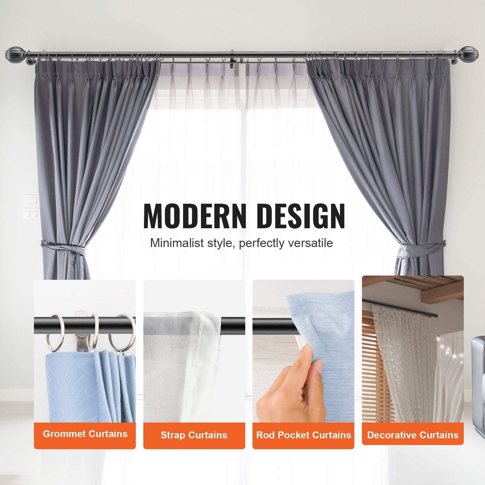 VEVOR Double Rod Curtain Rods, 36-72 inches(3-6ft) Adjustable Length, Black Double Curtain Rods with Round Finials, 1" and 3/4" Diameter, Double Window Drapery Rod for Sheer and Blackout Curtains