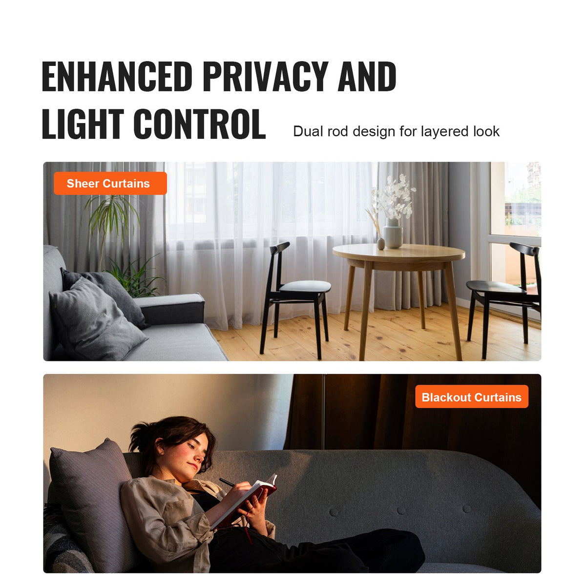 VEVOR Double Rod Curtain Rods, 36-72 inches(3-6ft) Adjustable Length, Black Double Curtain Rods with Round Finials, 1" and 3/4" Diameter, Double Window Drapery Rod for Sheer and Blackout Curtains