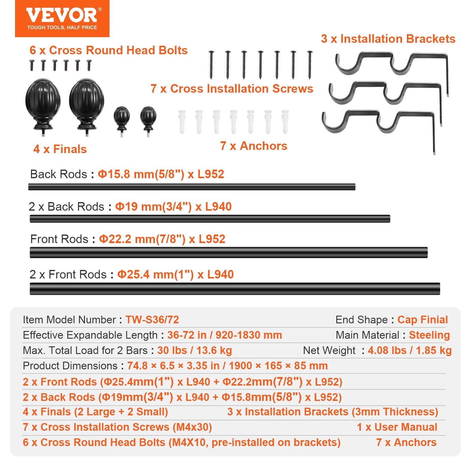 VEVOR Double Rod Curtain Rods, 36-72 inches(3-6ft) Adjustable Length, Black Double Curtain Rods with Round Finials, 1" and 3/4" Diameter, Double Window Drapery Rod for Sheer and Blackout Curtains