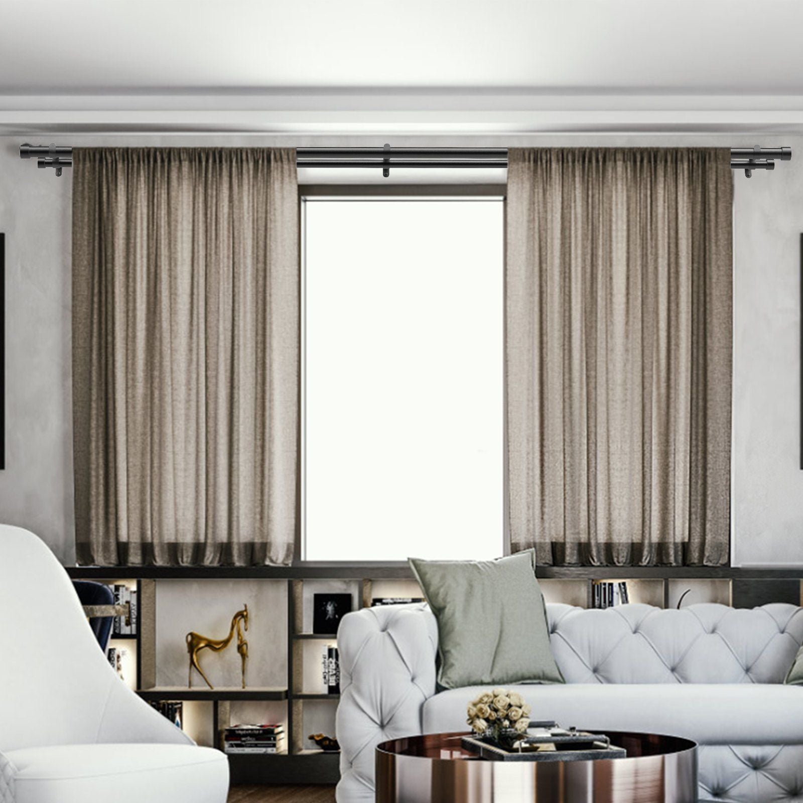 Double Rod Curtain Rods, 36-72 inches(3-6ft) Adjustable Length, Black Double Curtain Rods with Cap Finials, 1" and 3/4" Diameter, Double Window Drapery Rod for Sheer and Blackout Curtains