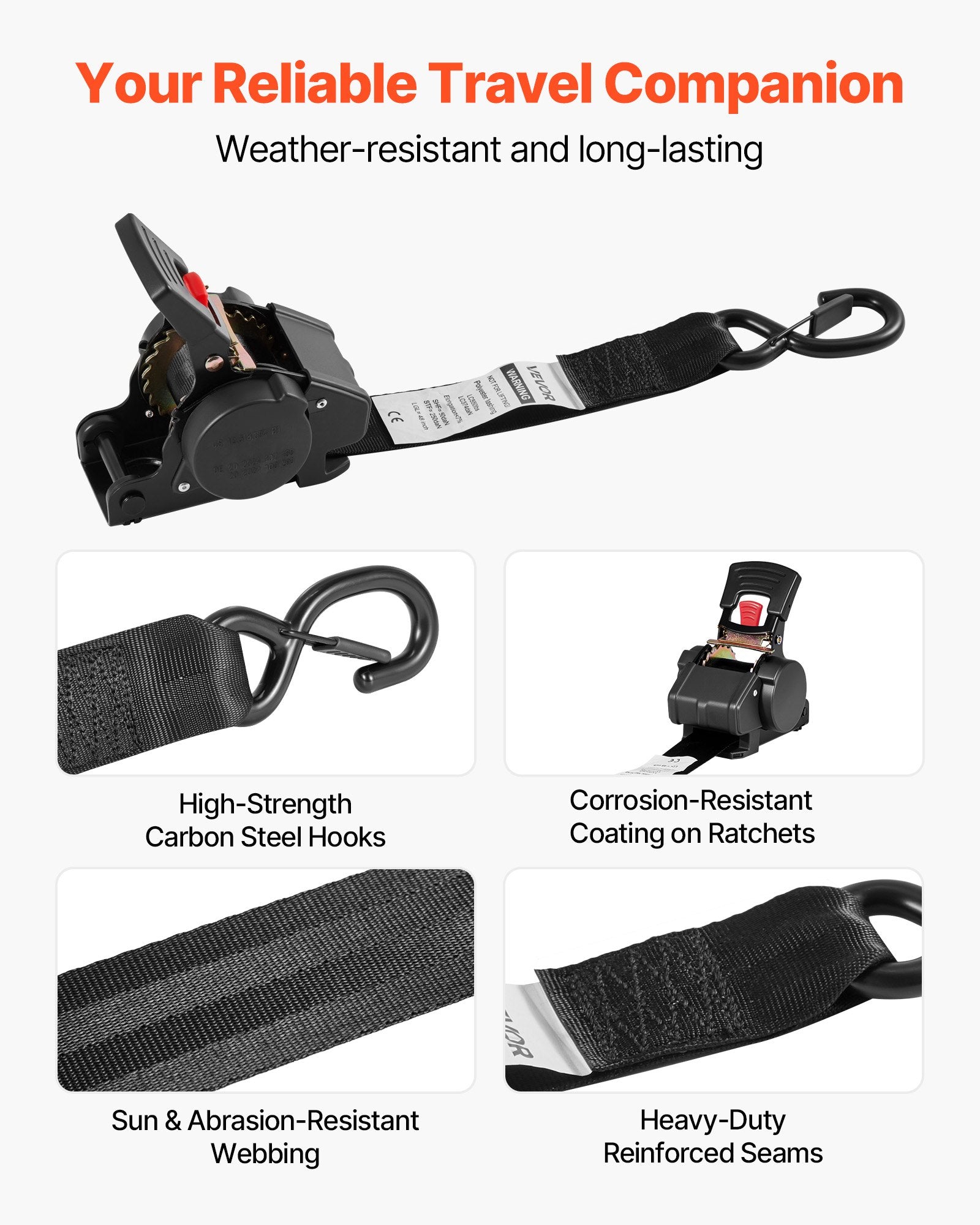 VEVOR Wheel Chock Tie-Down Kit, Fixed Trailer Tie Down Strap, Car Tie Down Kit with S-Hook, Break Strength 748 kg & Working Load 250 kg Motorcycle Tie-Down System for Trailers, Boats, Snowmobiles