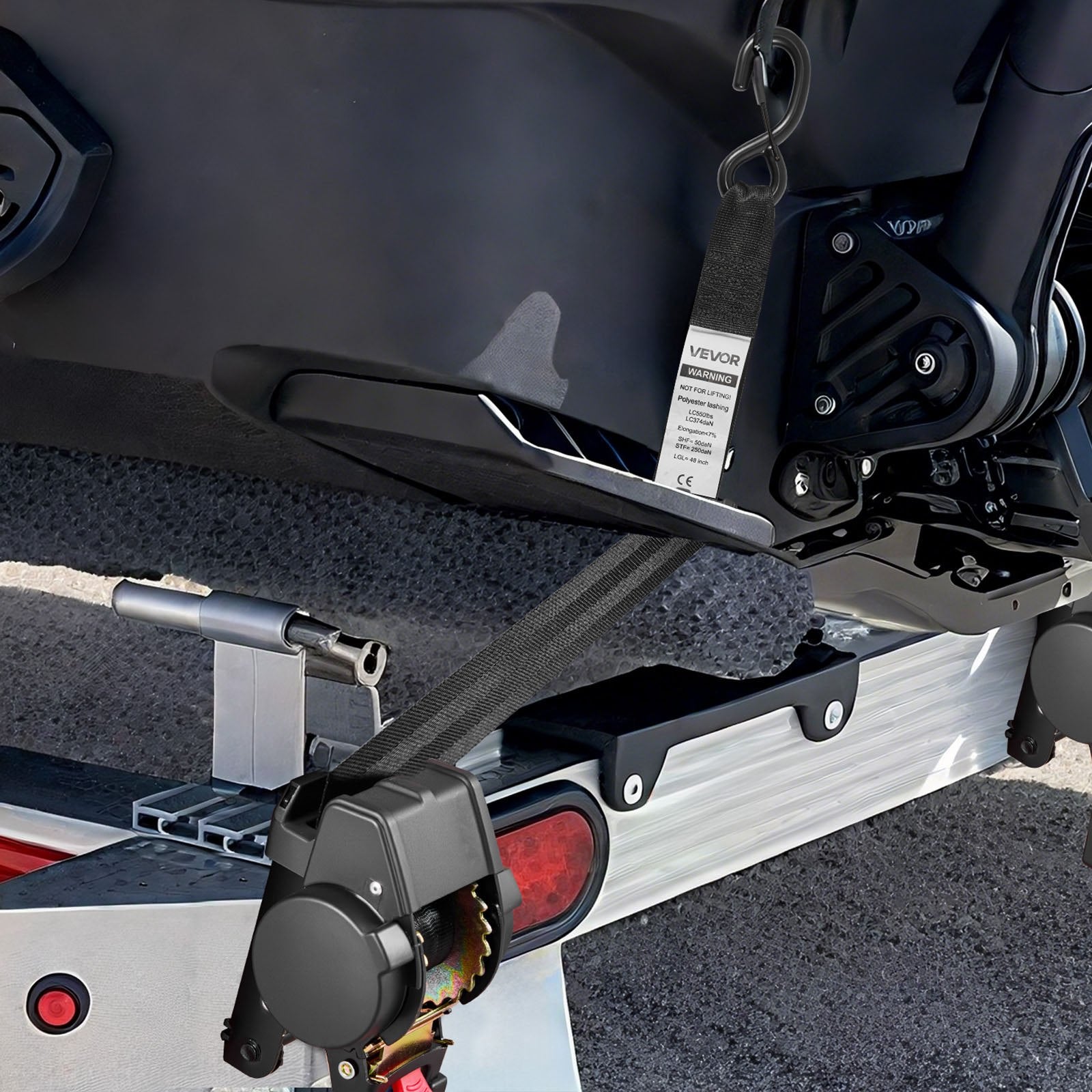 VEVOR Wheel Chock Tie-Down Kit, Fixed Trailer Tie Down Strap, Car Tie Down Kit with S-Hook, Break Strength 748 kg & Working Load 250 kg Motorcycle Tie-Down System for Trailers, Boats, Snowmobiles