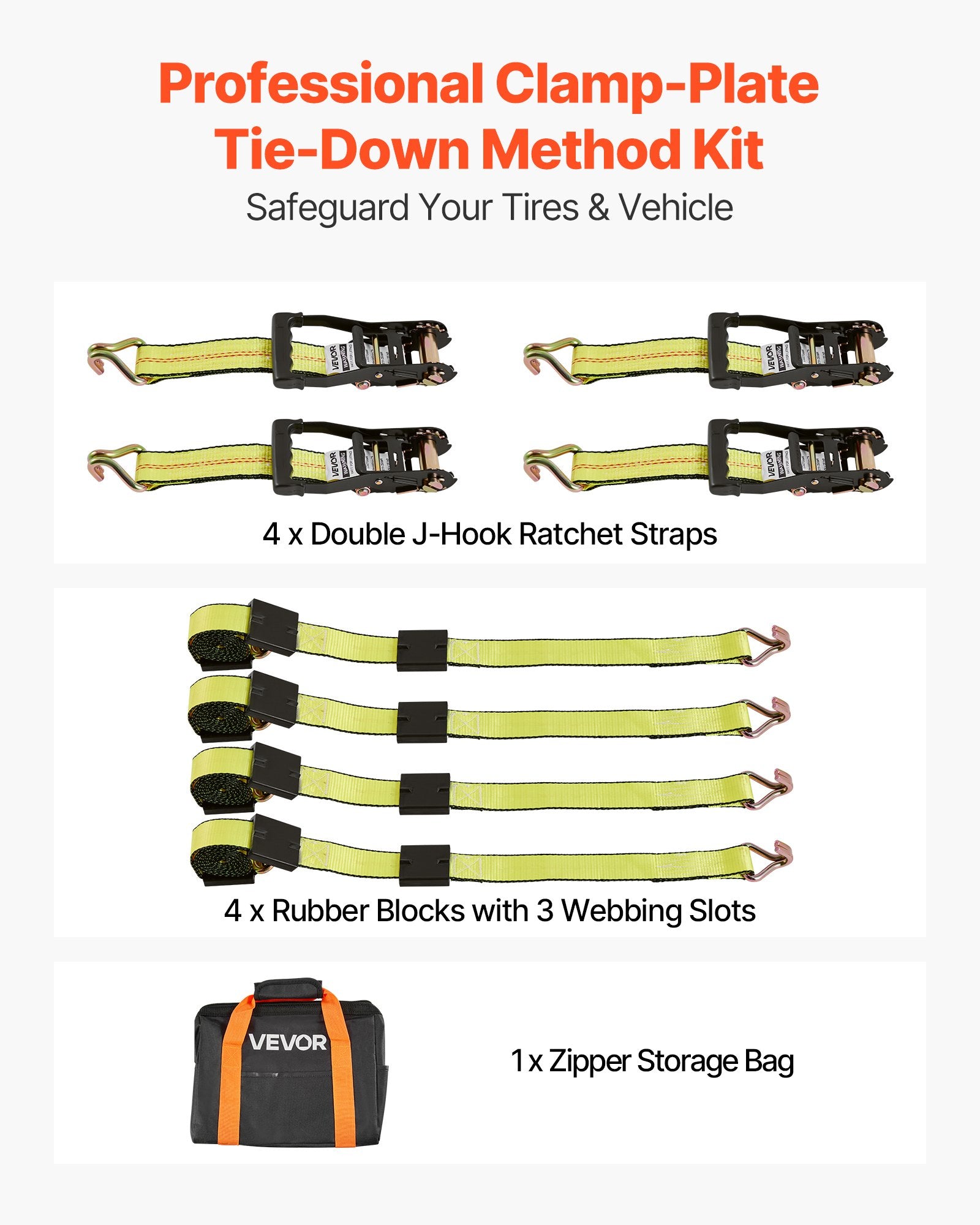 VEVOR Wheel Chock Tie-Down Kit, Deck-Style Trailer Tie Down Strap, Car Tie Down Kit with J-Hook, Break Strength 4540 kg & Working Load 1512 kg Motorcycle Tie-Down System for SUVs, Trailers, Trucks
