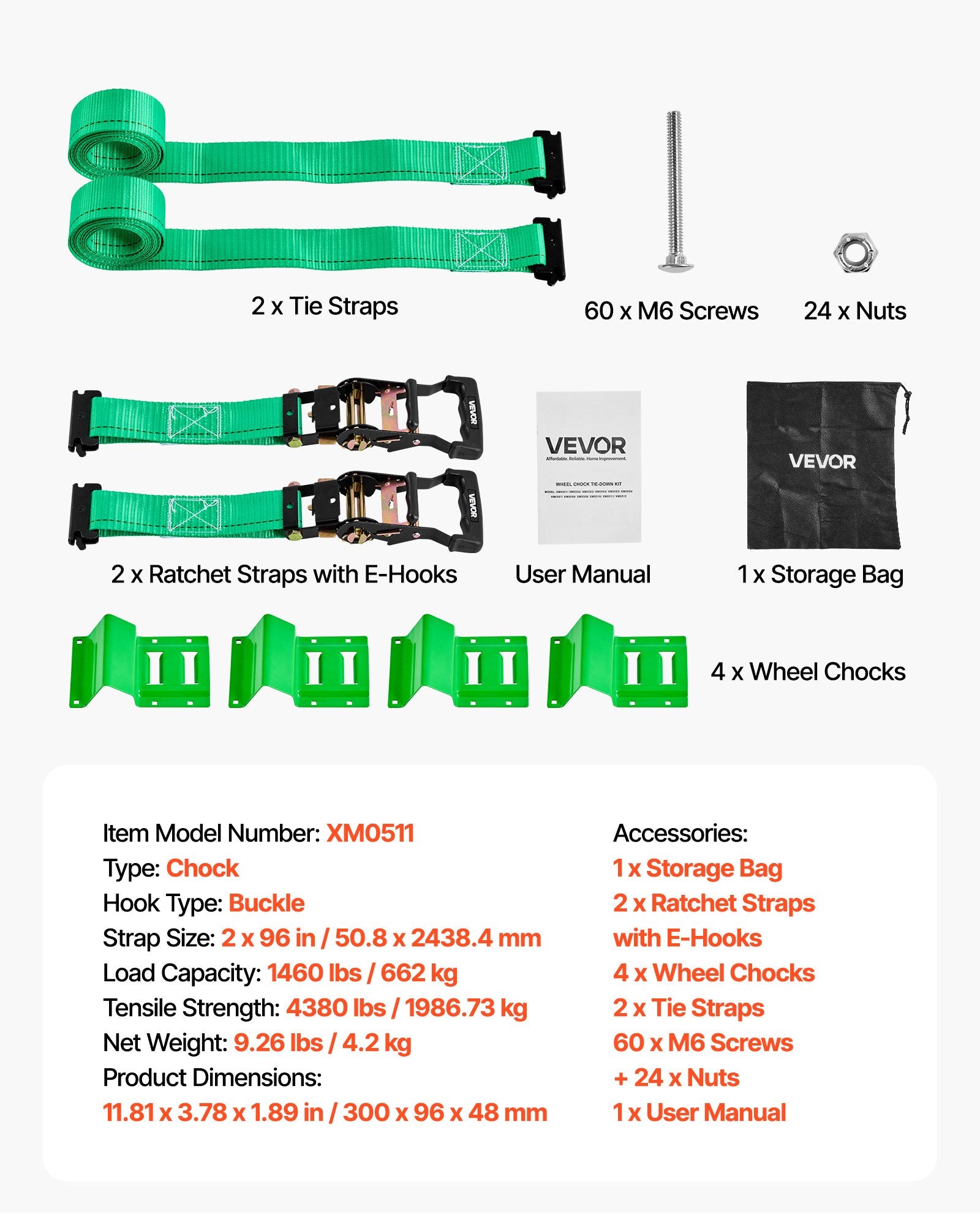 VEVOR Wheel Chock Tie-Down Kit, Chock-Style Trailer Tie Down Strap, Car Tie Down Kit with Buckle, Break Strength 1986.73 kg & Working Load 662 kg Motorcycle Tie-Down System for ATVs, UTVs & Trailers
