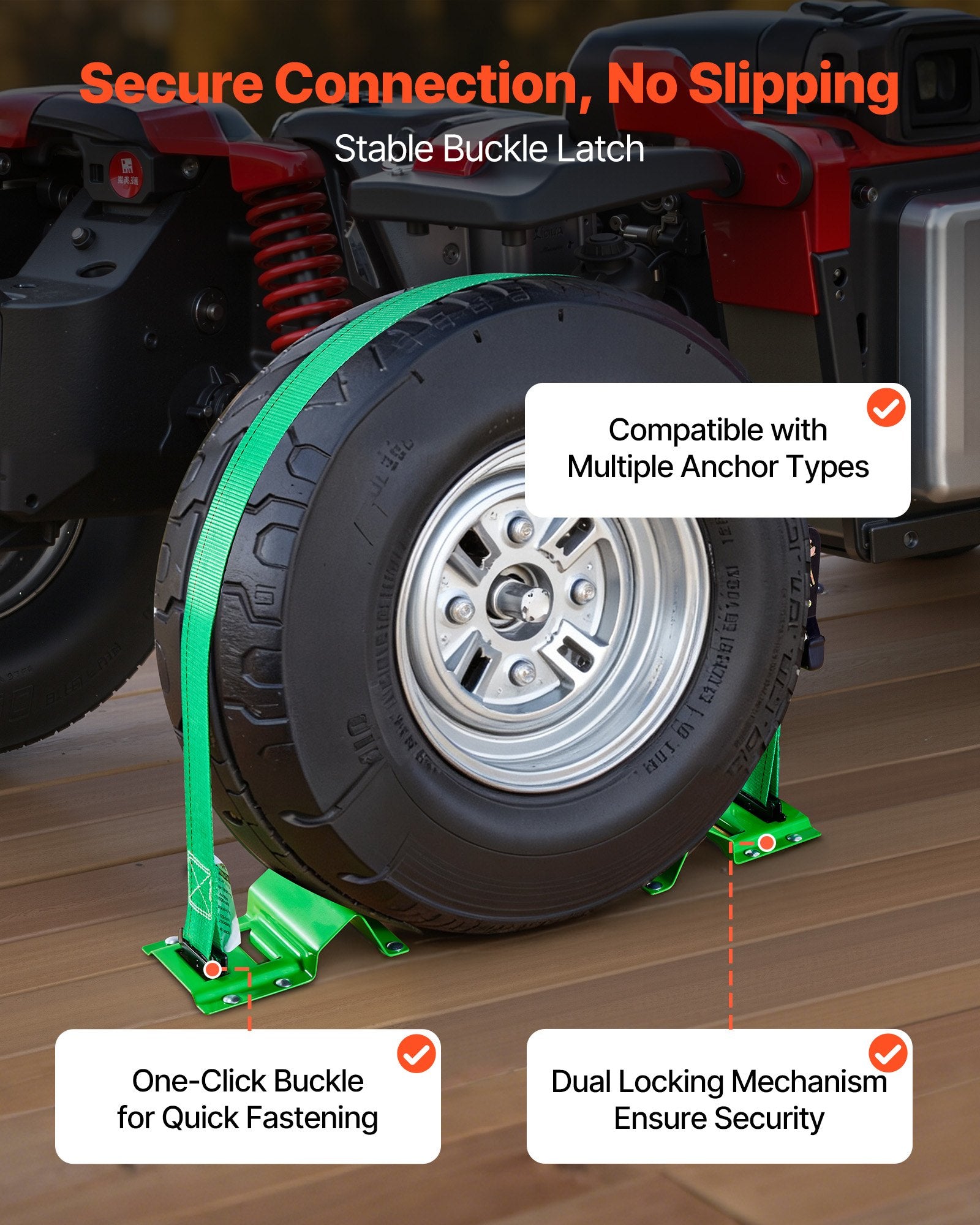 VEVOR Wheel Chock Tie-Down Kit, Chock-Style Trailer Tie Down Strap, Car Tie Down Kit with Buckle, Break Strength 1986.73 kg & Working Load 662 kg Motorcycle Tie-Down System E-Hooks for ATVs, UTVs