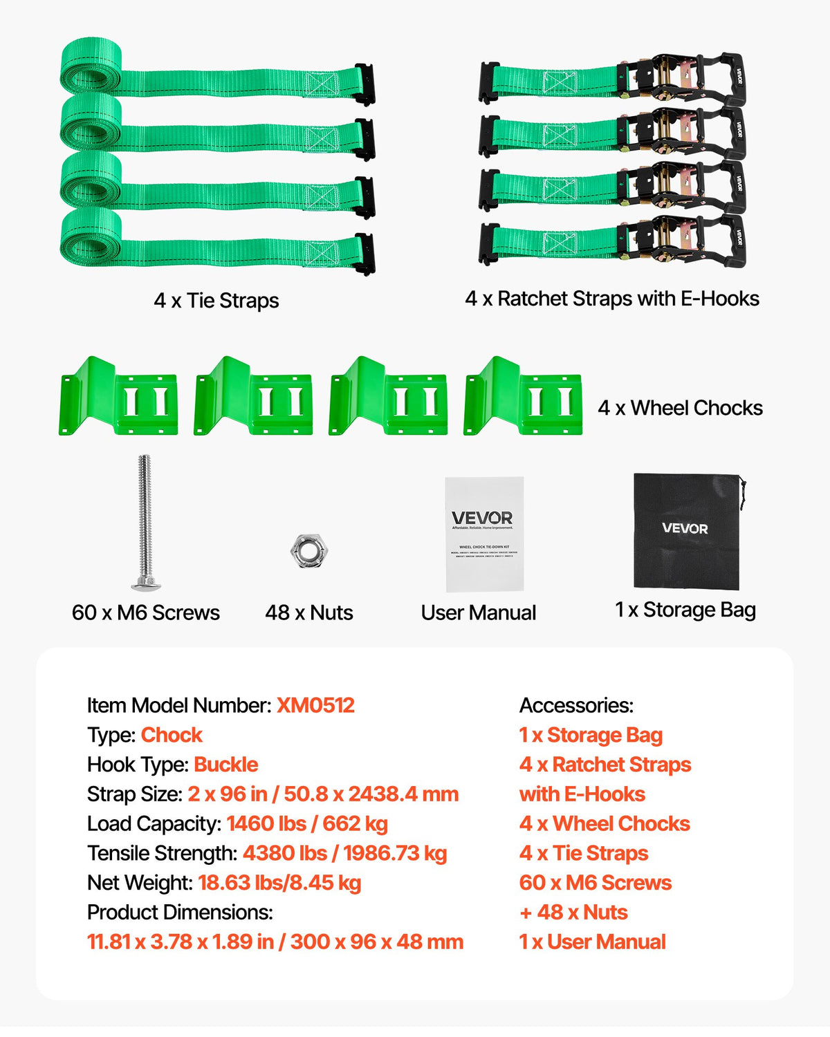 VEVOR Wheel Chock Tie-Down Kit, Chock-Style Trailer Tie Down Strap, Car Tie Down Kit with Buckle, Break Strength 1986.73 kg & Working Load 662 kg Motorcycle Tie-Down System E-Hooks for ATVs, UTVs