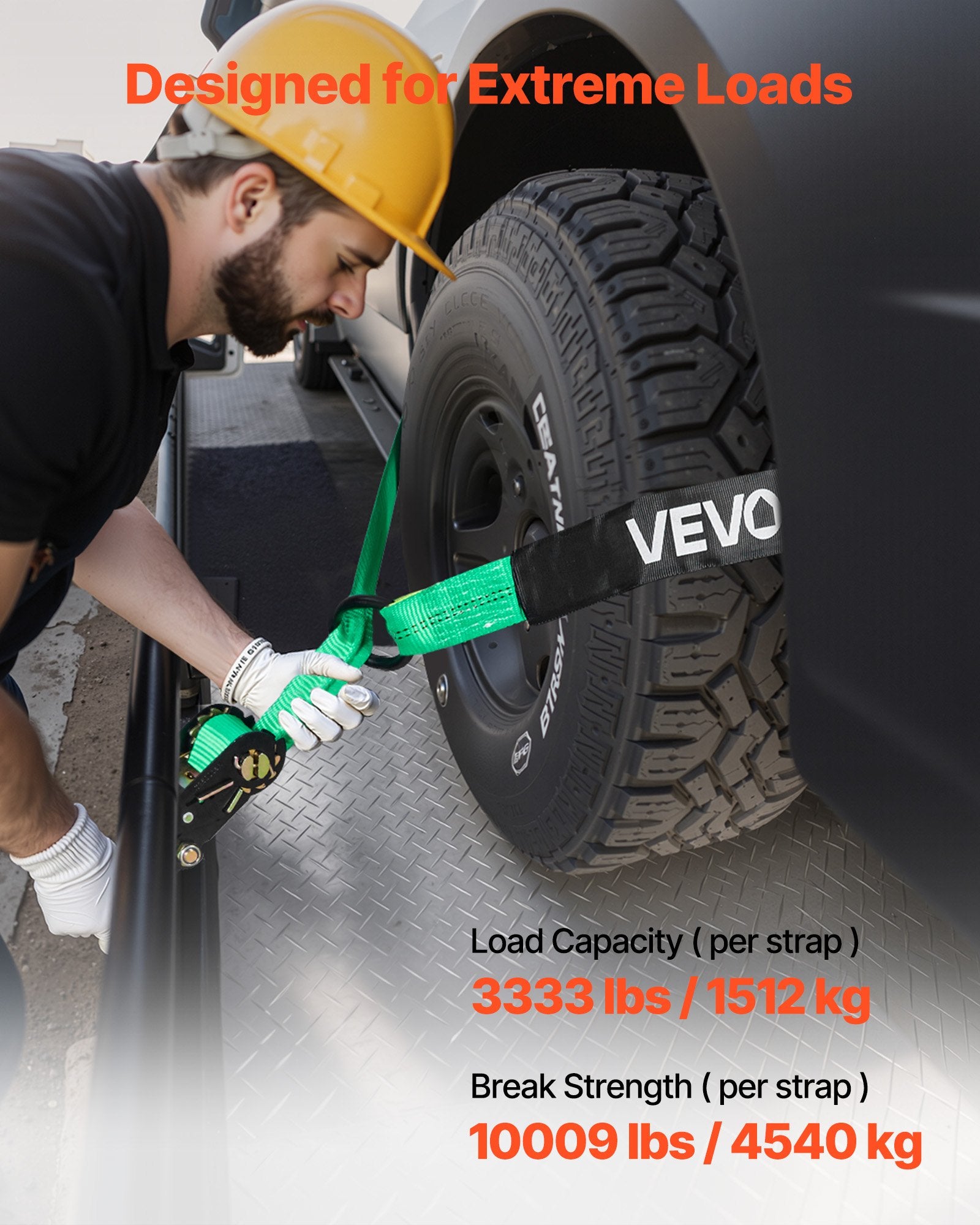 VEVOR Wheel Chock Tie-Down Kit, Tire-Style Tow Dolly Strap, Car Tie Down Kit with Heavy-Duty Hook, Break Strength 4540 kg & Working Load 1512 kg Motorcycle Tie-Down System with O-Ring for ATV, SUV