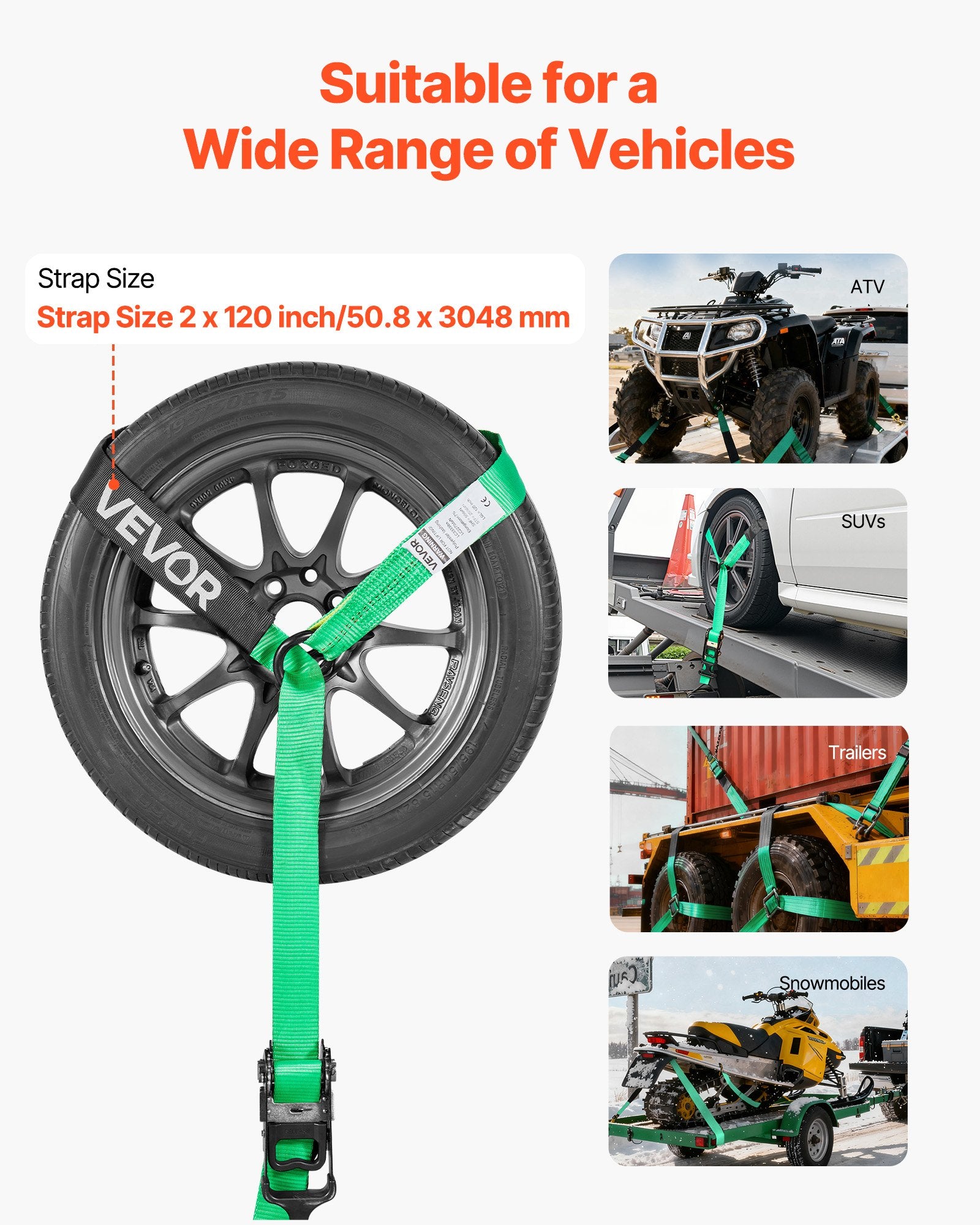 VEVOR Wheel Chock Tie-Down Kit, Tire-Style Tow Dolly Strap, Car Tie Down Kit with Heavy-Duty Hook, Break Strength 4540 kg & Working Load 1512 kg Motorcycle Tie-Down System with O-Ring for ATV, SUV