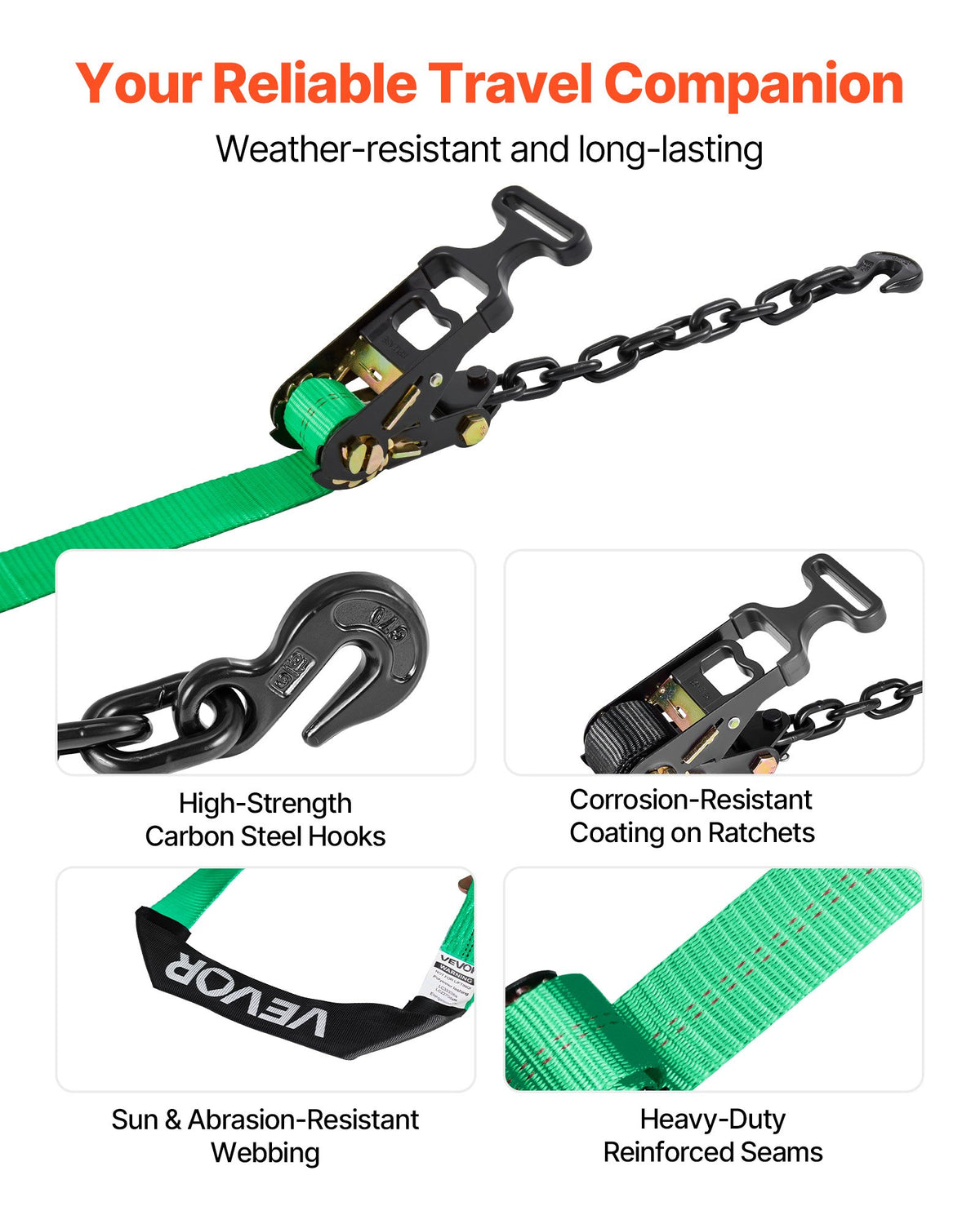 VEVOR Wheel Chock Tie-Down Kit, Tire-Style Tow Dolly Strap, Car Tie Down Kit with Heavy-Duty Hook, Break Strength 4540 kg & Working Load 1512 kg Motorcycle Tie-Down System with O-Ring for ATV, SUV
