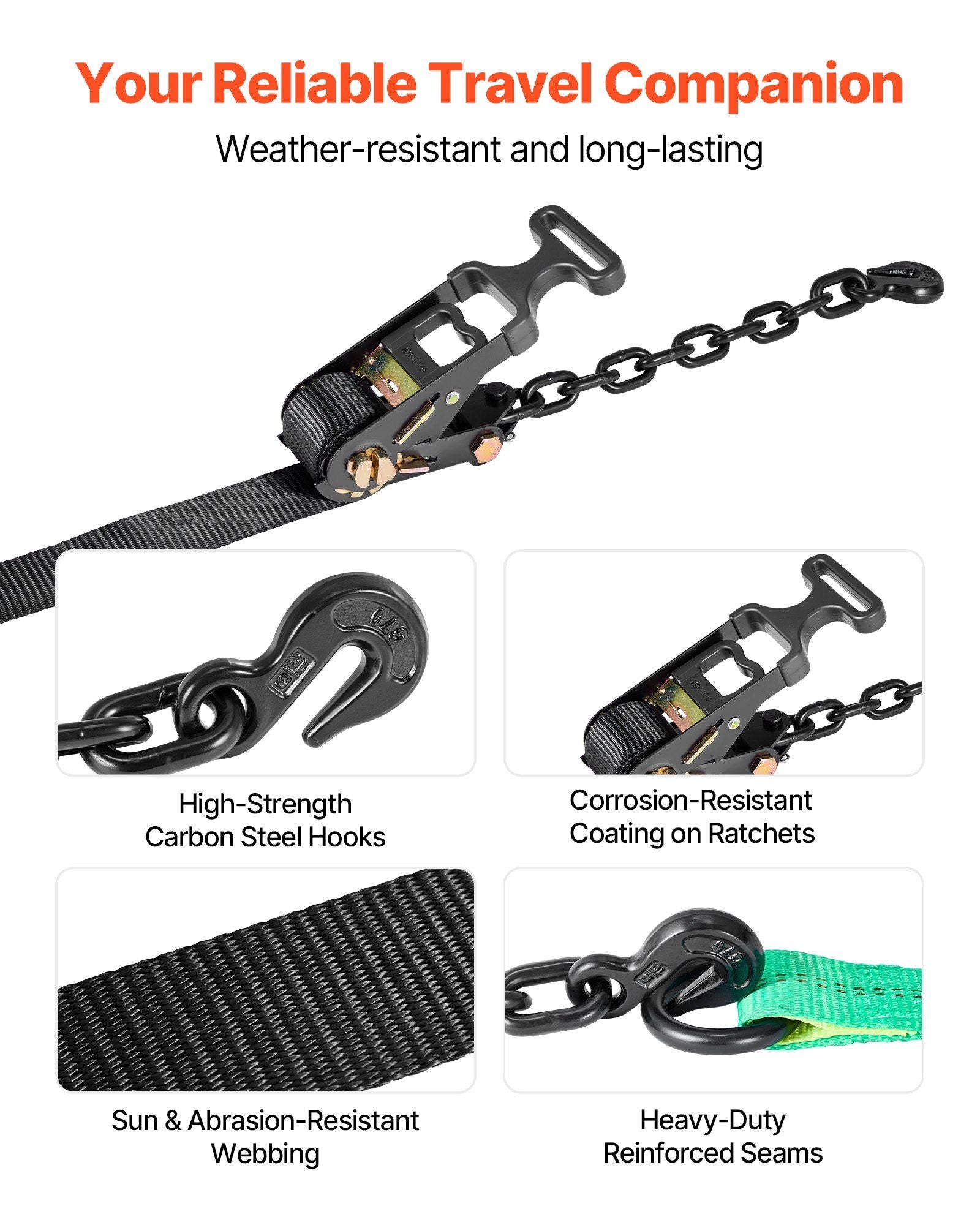 Wheel Chock Tie-Down Kit, Tire-Style Tow Dolly Strap, Car Tie Down Kit with Heavy-Duty Hook, Break Strength 4540 kg & Working Load 1512 kg Motorcycle Tie-Down System for ATV, SUV, Trailer