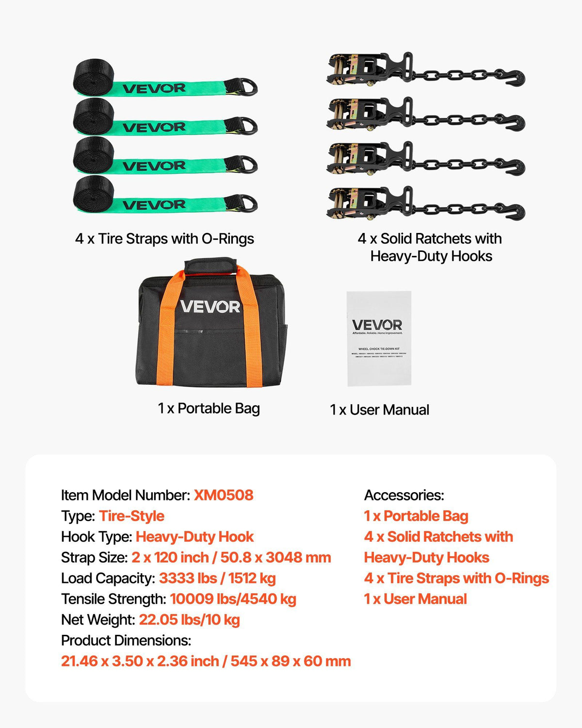 Wheel Chock Tie-Down Kit, Tire-Style Tow Dolly Strap, Car Tie Down Kit with Heavy-Duty Hook, Break Strength 4540 kg & Working Load 1512 kg Motorcycle Tie-Down System for ATV, SUV, Trailer