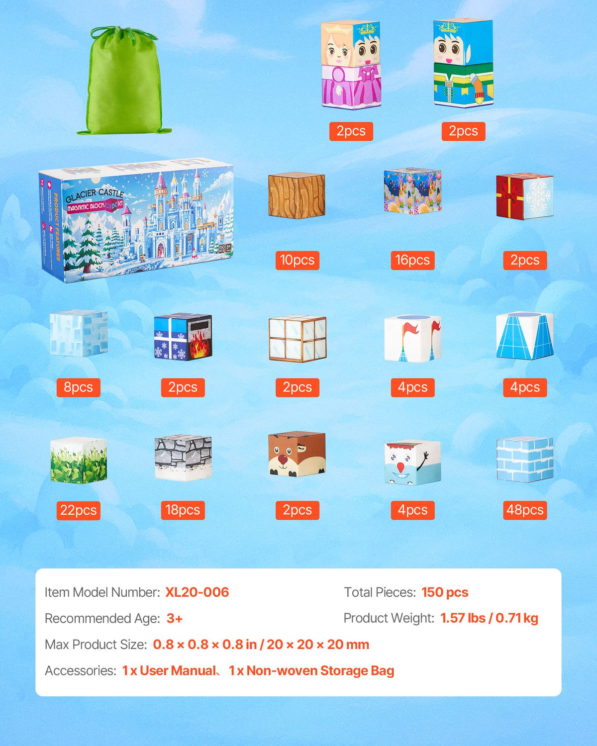 VEVOR Magnetic Blocks, 150 PCS Glacier Castle Set, Magnetic Building Cubes for Kids, STEM Montessori Sensory Toys for Christmas Birthday Gift, Construction Stacking Toy for 3+ Years Old Boys & Girls