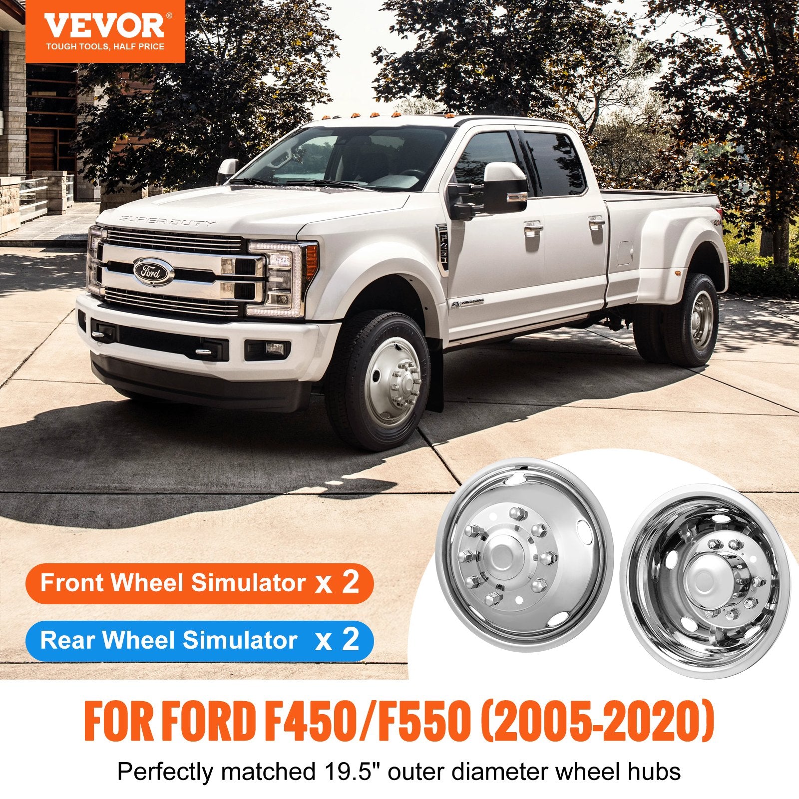 VEVOR 50cm 8 Lug Wheel Simulators, 304 Stainless Steel Wheel Simulator Kit with Mirror Polished Finish, 2 Front and 2 Rear Wheel Covers Fit for For Ford F450/F550 (2005-2020), 4 pcs
