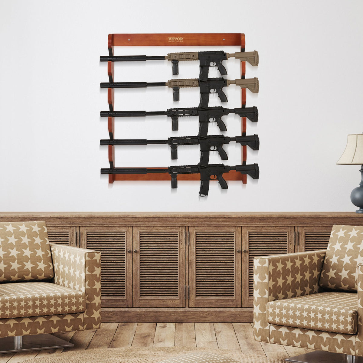 VEVOR Gun Rack, Wood Gun Rack Wall Mount, Gun Display Rack holds 5 Rifles, Shotguns, 132 lb Heavy Duty Wall Storage Display Rifle Rack with Soft Padding