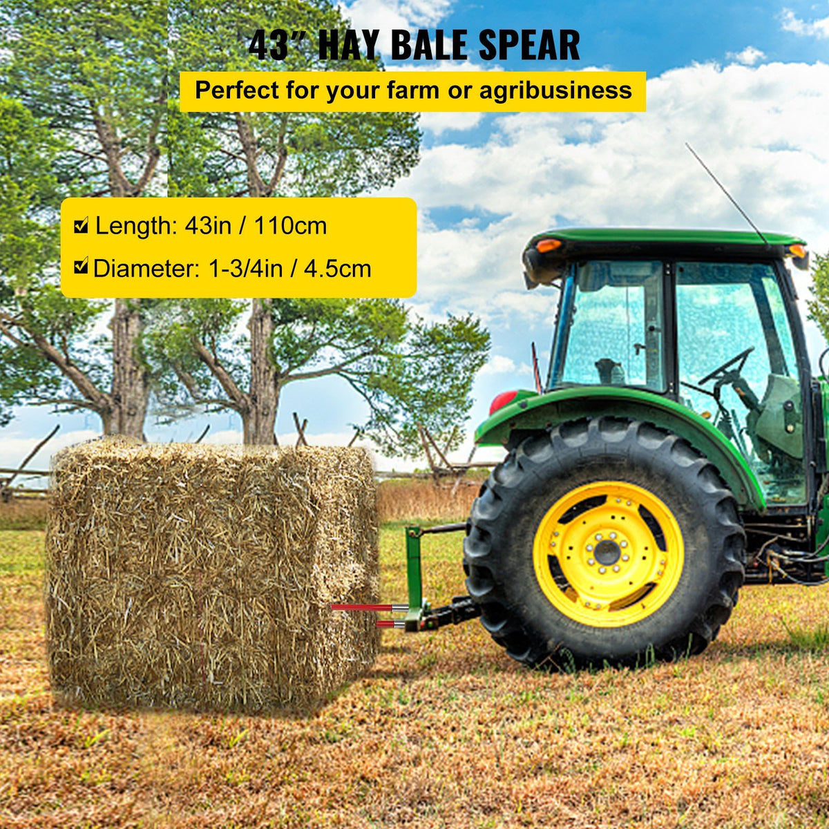 Pair Hay Spear 43" Bale Spear 3000 lbs Capacity, Bale Spike Quick Attach Square Hay Bale Spears 1 3/4", Red Coated Bale Forks, Bale Hay Spike with Hex Nut & Sleeve for Buckets Tractors Loaders