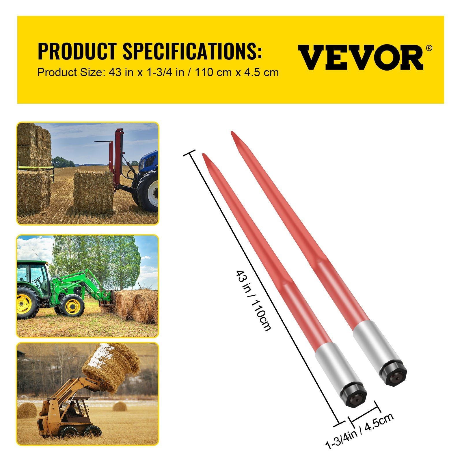 Pair Hay Spear 43" Bale Spear 3000 lbs Capacity, Bale Spike Quick Attach Square Hay Bale Spears 1 3/4", Red Coated Bale Forks, Bale Hay Spike with Hex Nut & Sleeve for Buckets Tractors Loaders