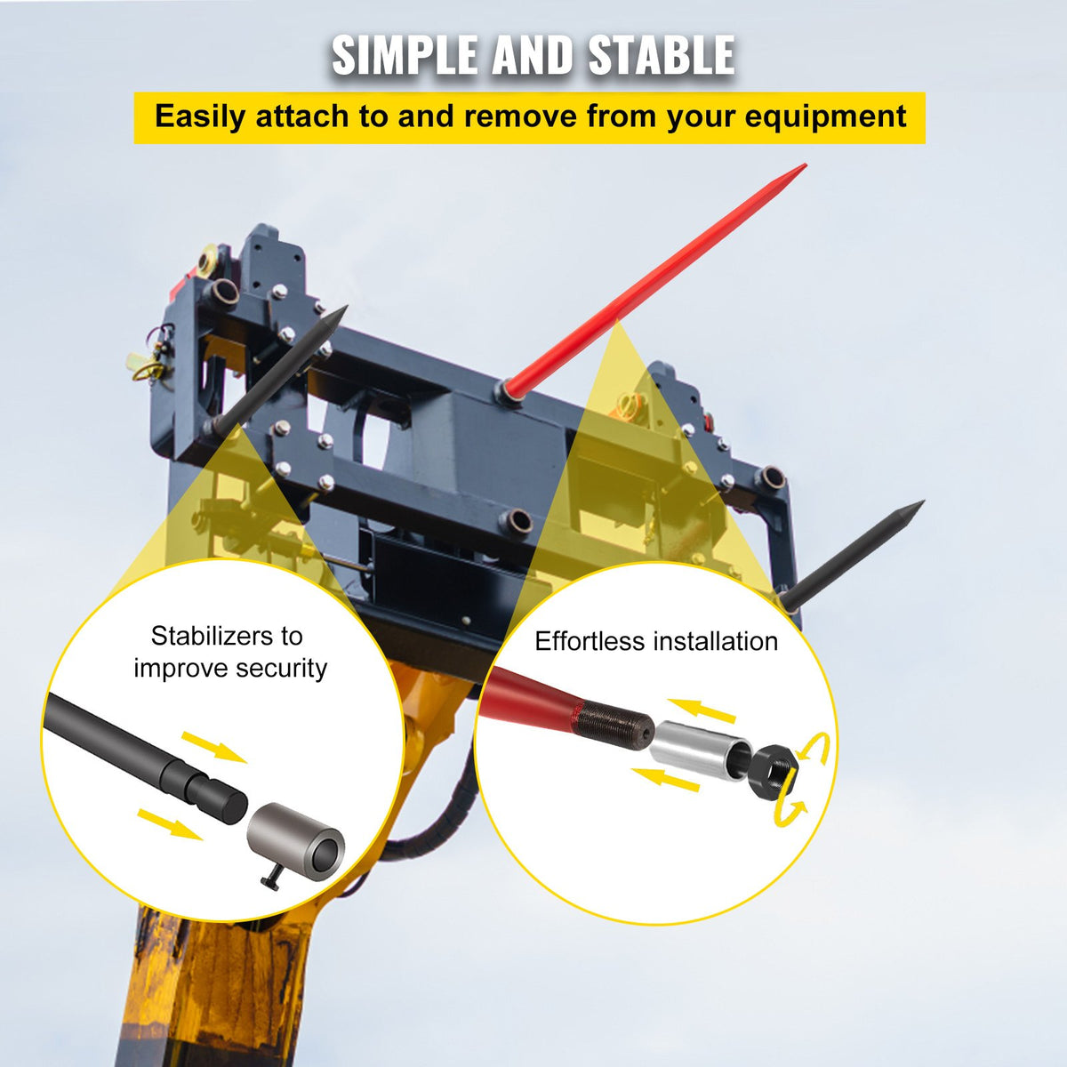 VEVOR Hay Spear 49" Bale Spear 3000 lbs Capacity, Bale Spike Quick Attach Square Hay Bale Spears, Red Coated Bale Forks, Bale Hay Spike with 2 Stabilizer Spears