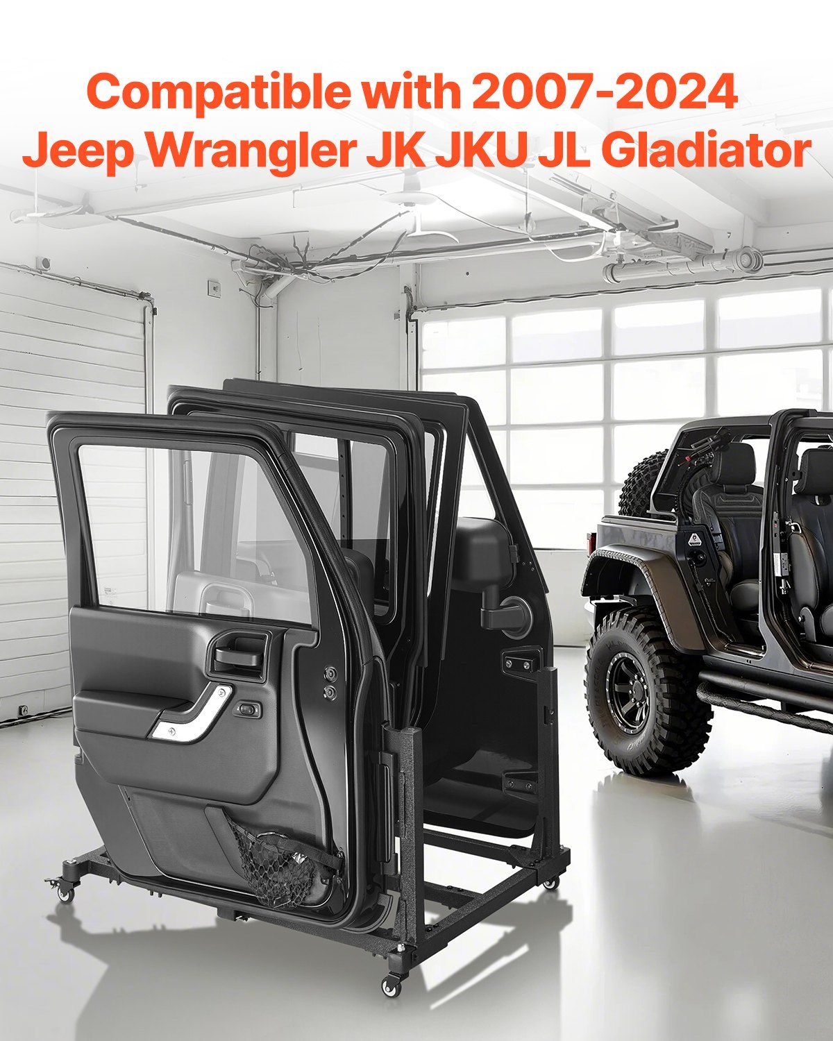 Jeep Door Storage Cart, 4 Doors Moveable Storage Cart Rack with Thickened Rubber Cushion, Sturdy Car Door Holder Cart Fit for Jeep Wrangler JK JKU JL Gladiator