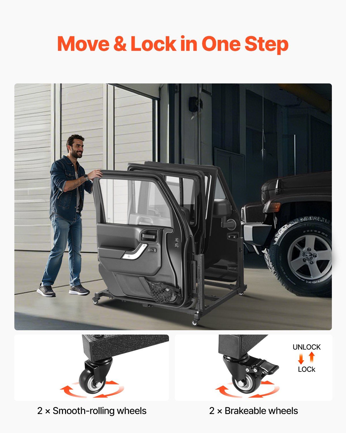 Jeep Door Storage Cart, 4 Doors Moveable Storage Cart Rack with Thickened Rubber Cushion, Sturdy Car Door Holder Cart Fit for Jeep Wrangler JK JKU JL Gladiator