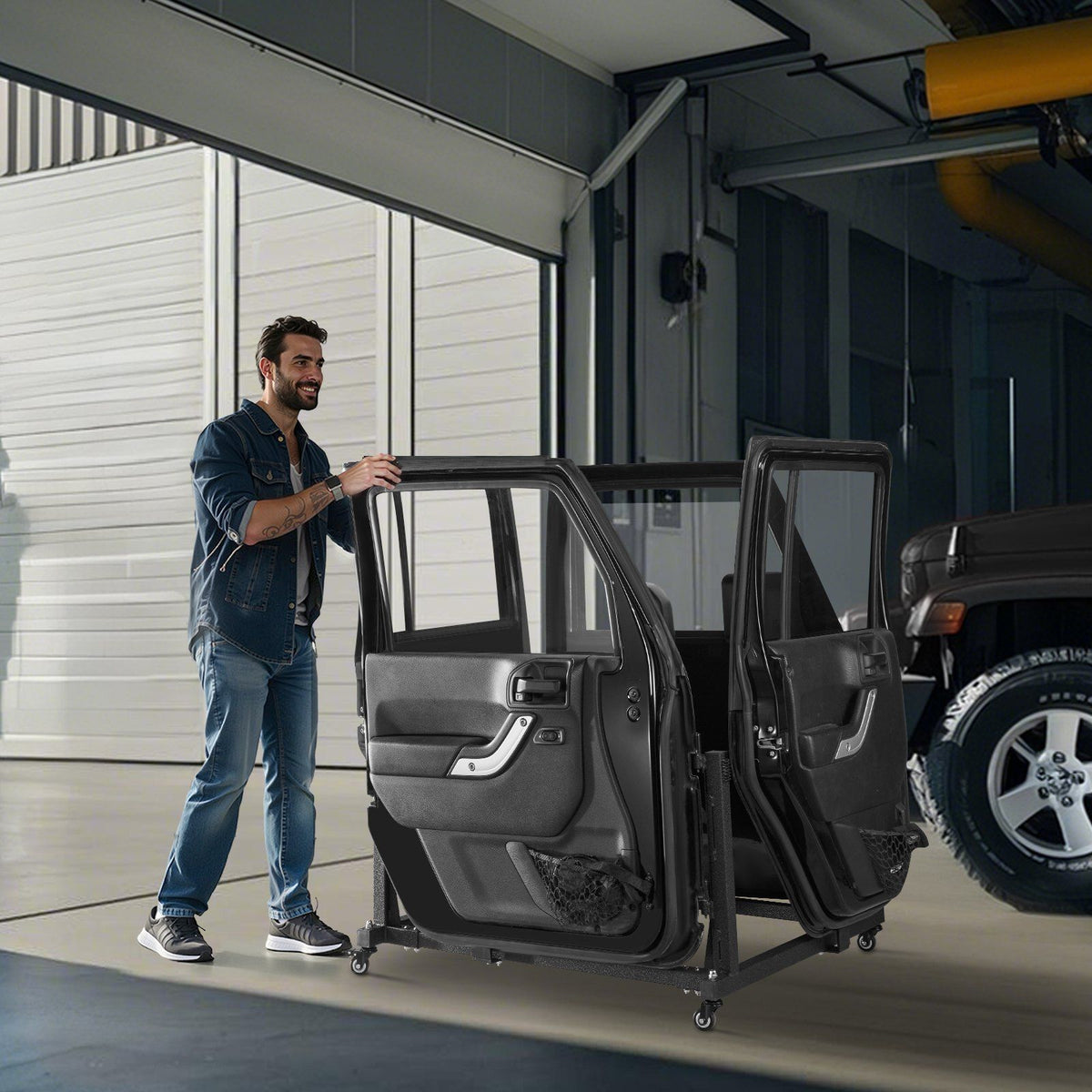Jeep Door Storage Cart, 4 Doors Moveable Storage Cart Rack with Thickened Rubber Cushion, Sturdy Car Door Holder Cart Fit for Jeep Wrangler JK JL/Gladiator JT 2007- 2023 JK JL / Gladiator JT