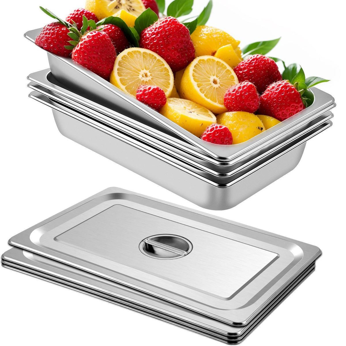 VEVOR 4 Pack Hotel Pan 3.7&quot; Deep Steam Table Pan Full Size with Lid 20.8&quot;L x 13&quot;W Hotel Pan 22 Gauge Stainless Steel Anti Jam Steam Table Pan