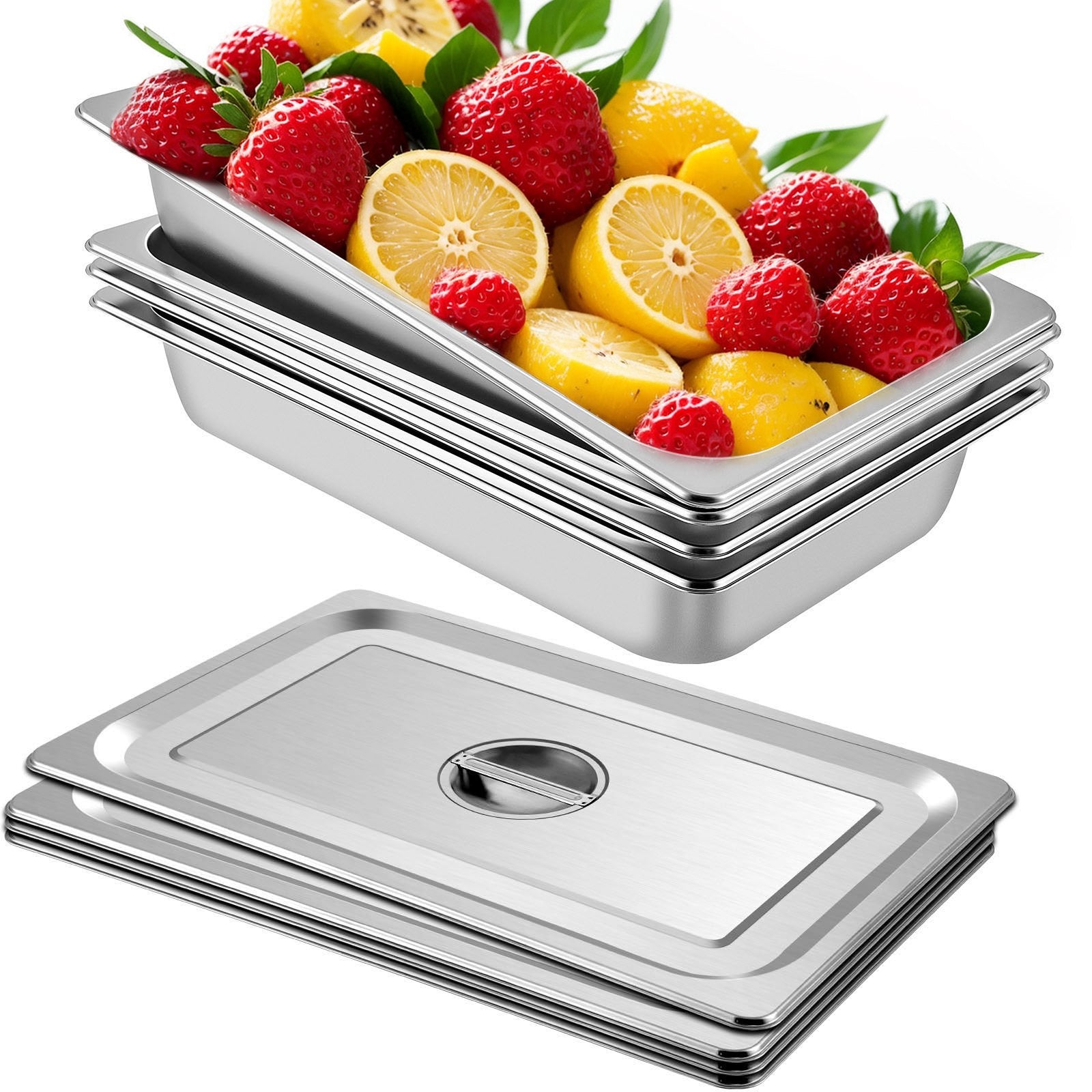 VEVOR 4 Pack Hotel Pan 3.7" Deep Steam Table Pan Full Size with Lid 20.8"L x 13"W Hotel Pan 22 Gauge Stainless Steel Anti Jam Steam Table Pan