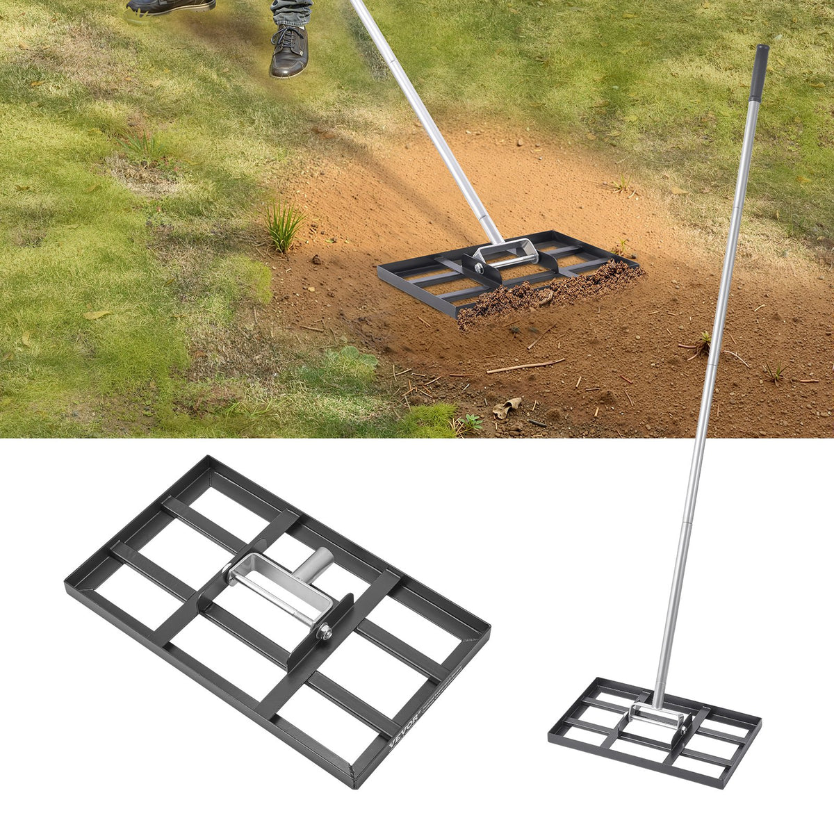 VEVOR 254 x 430 mm Lawn Leveling Rake 1980 mm Adjustable Handle for Yard Golf Court